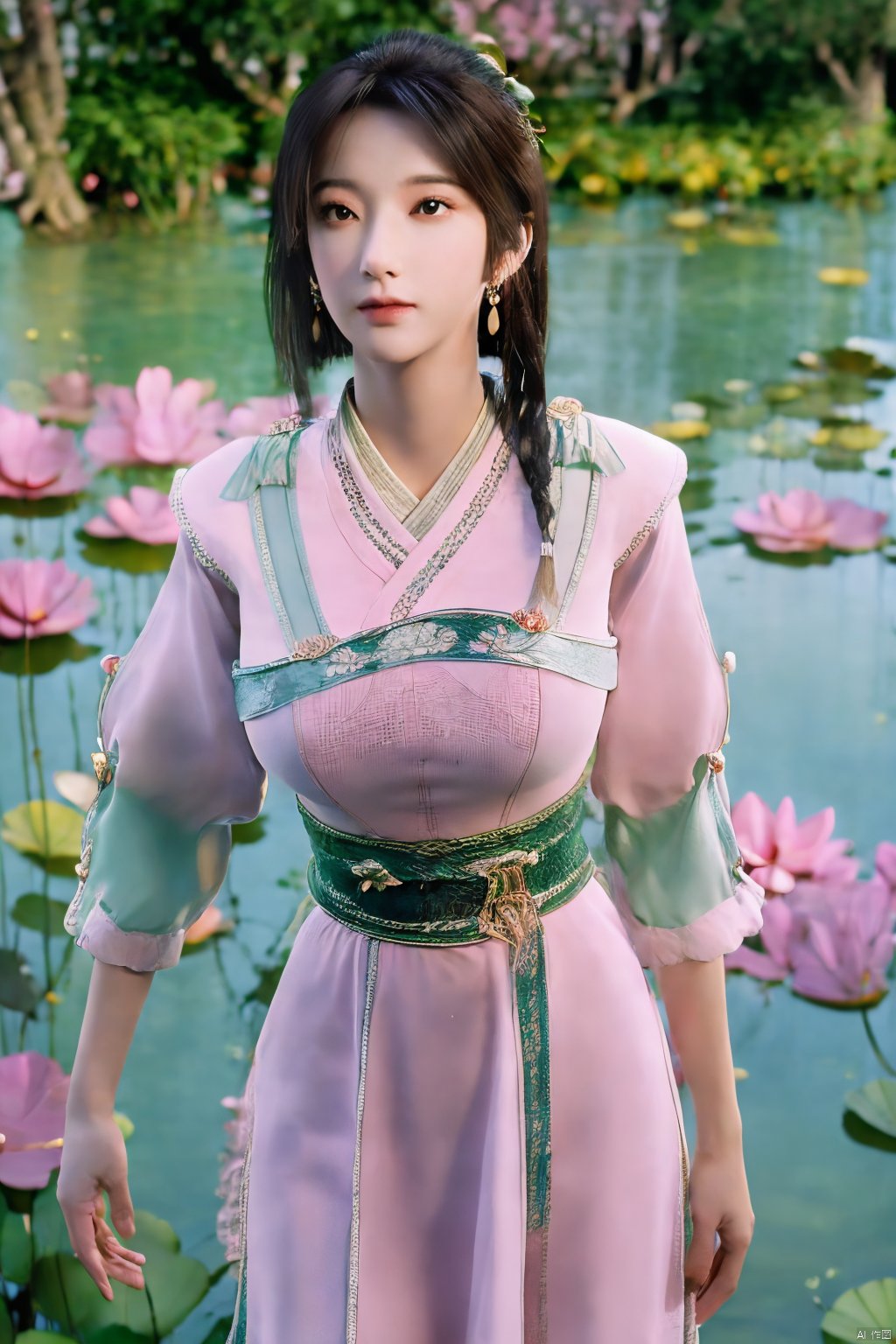 masterpiece,(best quality),(makeup),official art, extremely detailed cg 8k wallpaper,((crystalstexture skin)), (extremely delicate and beautiful),(highly detailed),(1girl), (solo), (jewelry), (earrings),(long_hair),(black_hair),(hair_ornament),(handwear),(breasts),(standing),(braided_hair:1.000),,(upper_body),((dress,skirt)),(multicolored_clothes),(multicolored_dress),(chinese_clothes),(adapted_costume),((closed_mouth)),(sleeves),,(sunshine, outdoor),((looking_at_viewer)),((Facing the camera)),Xzhouxiaohuan,(big breasts:1.89),,(A pond full of pink lotus flowers:1.5),Xjitanyin