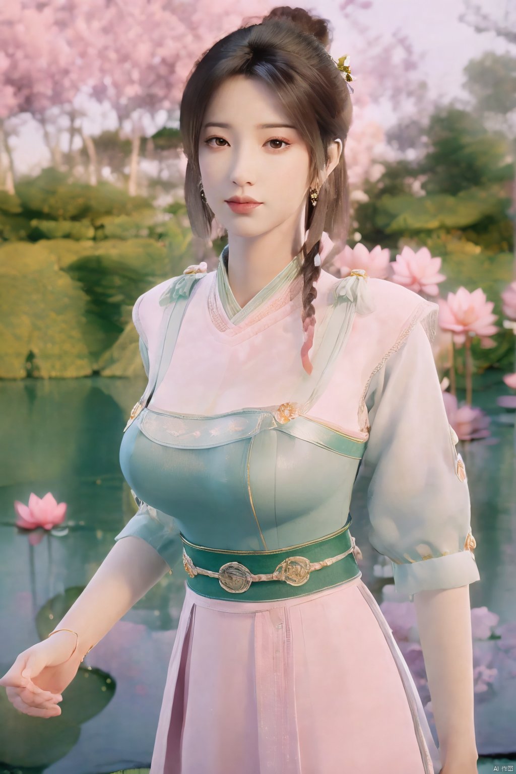 masterpiece,(best quality),(makeup),official art, extremely detailed cg 8k wallpaper,((crystalstexture skin)), (extremely delicate and beautiful),(highly detailed),(1girl), (solo), (jewelry), (earrings),(long_hair),(black_hair),(hair_ornament),(handwear),(breasts),(standing),(braided_hair:1.000),,(upper_body),((dress,skirt)),(multicolored_clothes),(multicolored_dress),(chinese_clothes),(adapted_costume),((closed_mouth)),(sleeves),,(sunshine, outdoor),((looking_at_viewer)),((Facing the camera)),Xzhouxiaohuan,(big breasts:1.89),,(A pond full of pink lotus flowers:1.5),Xjitanyin