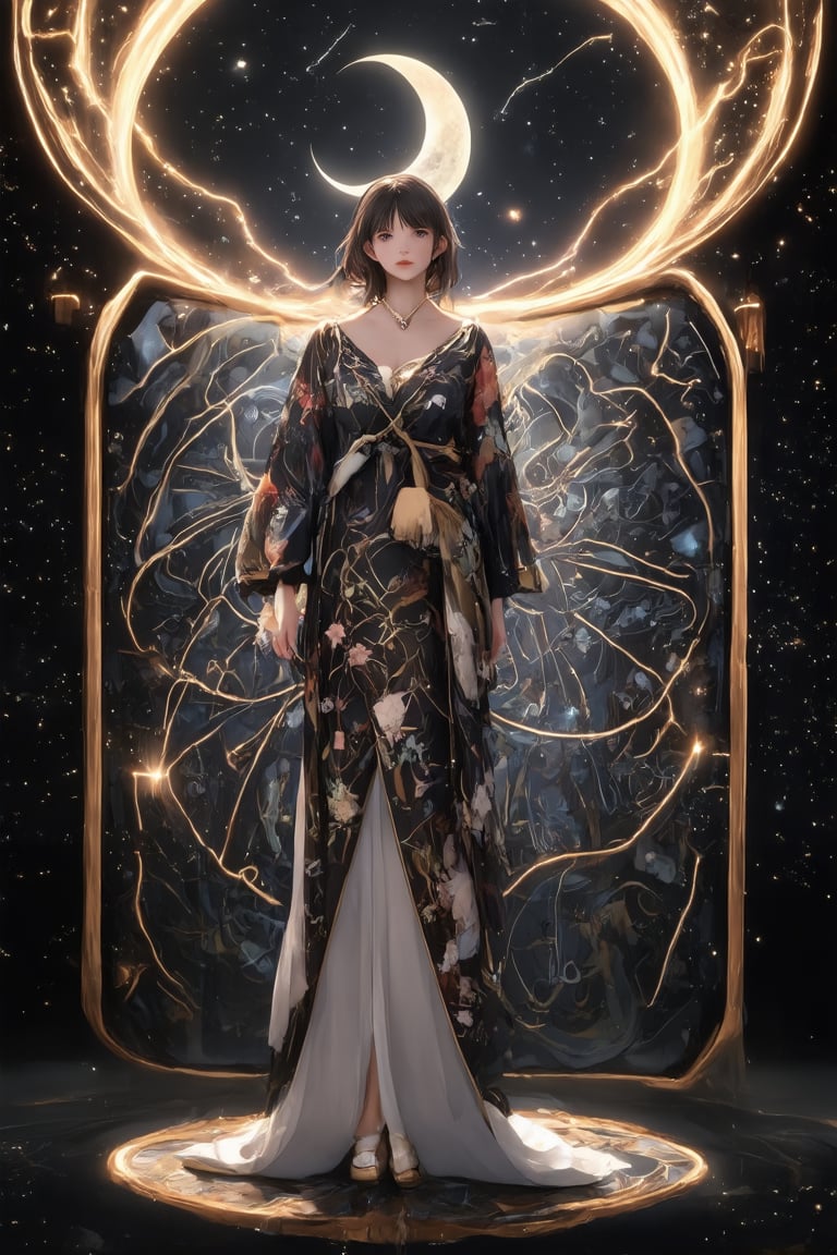 A majestic anime woman stands against a mesmerizing backdrop of gilded steampunk scenery, set against the darkness of space where constellations sparkle like diamonds. The gold crescent moon glows softly above her, as if anointed by divine light. Her delicate eyes, rendered with precision, gaze upward in awe. The intricate details of her face and anatomy are breathtakingly precise, a testament to modern AI artistry. A stunning 12-piece Zodiac wheel adorns the black background, intertwined with doodle-like zentangle patterns, evoking the ornate maximalism of Alphonse Mucha's style. Dramatic lighting accentuates every curve and contour, as if illuminated by an inner radiance.