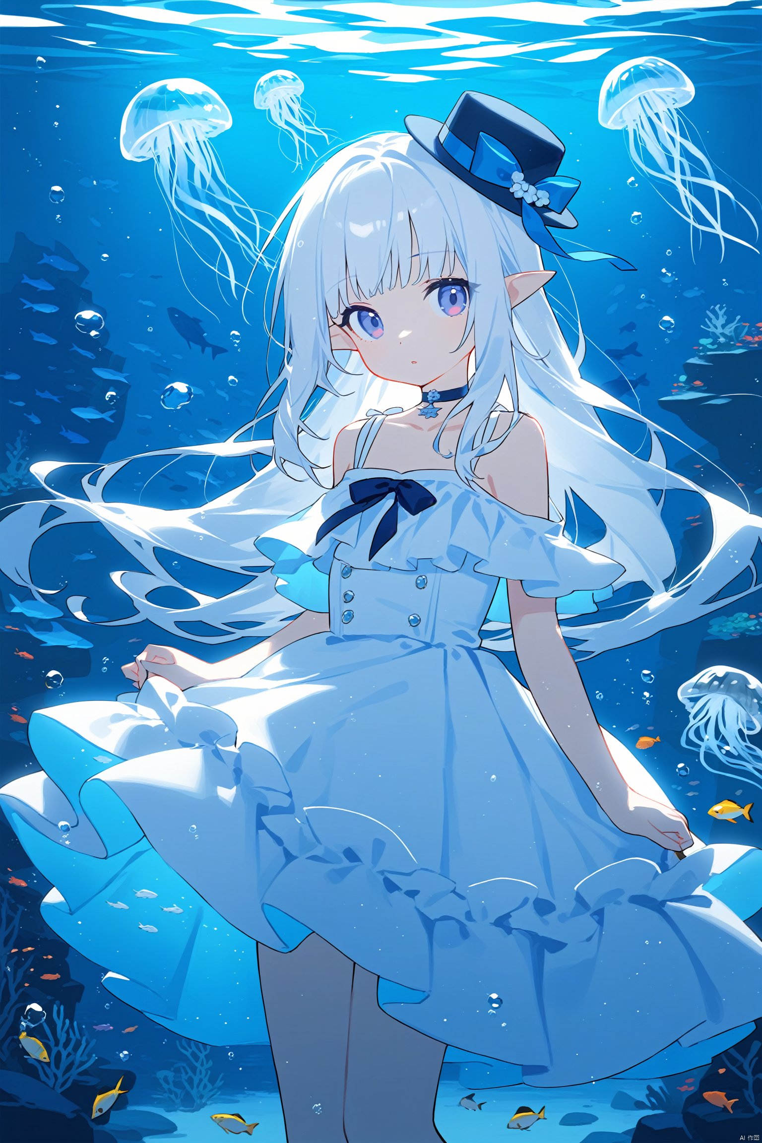 1girl, jellyfish, solo, dress, hat, bubble, blue theme, fish, looking at viewer, white dress, pointy ears, choker, aquarium, long hair, white hair, bangs, underwater