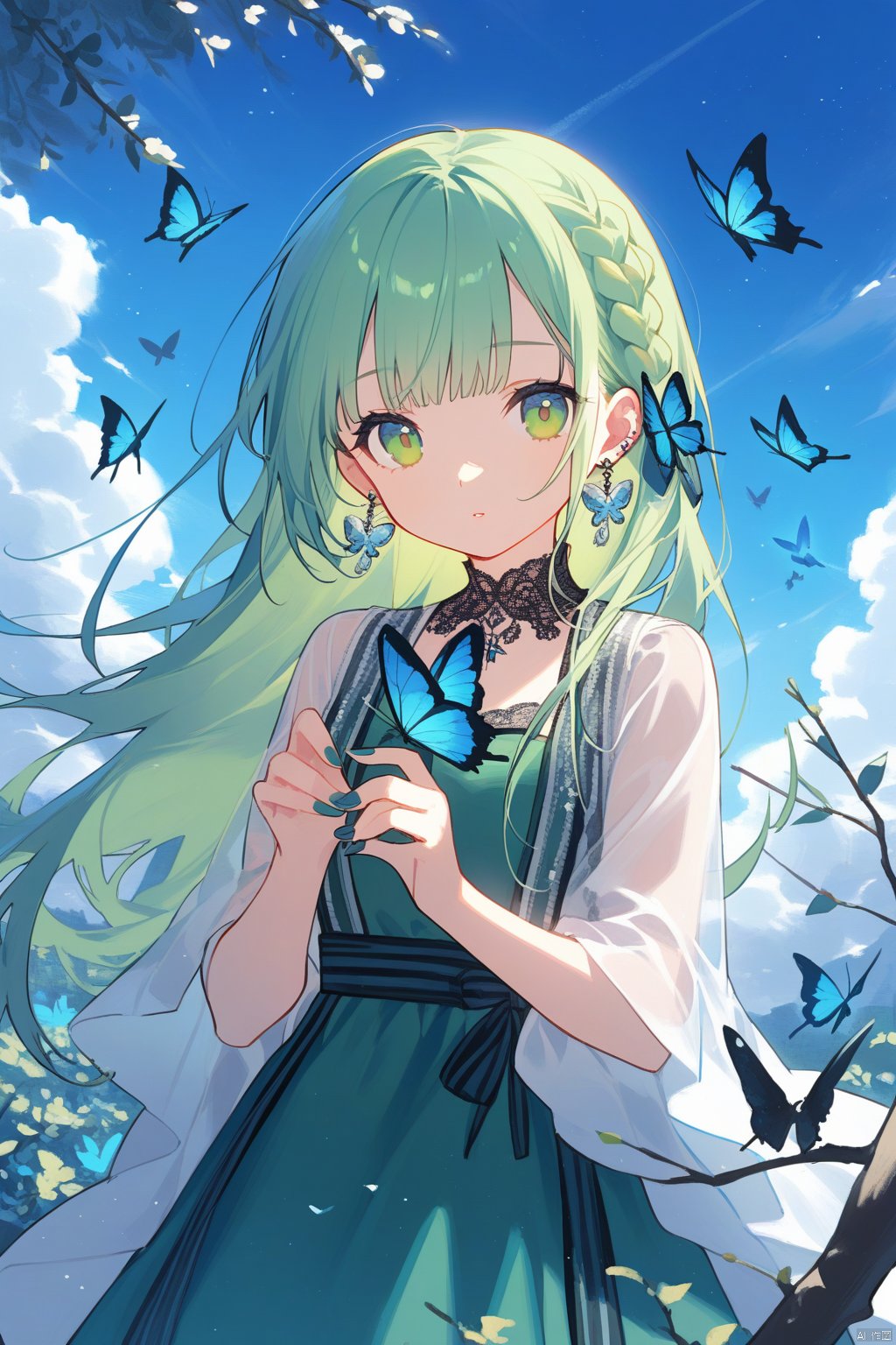 1girl, bird, long_hair, solo, butterfly, bug, sky, earrings, looking_at_viewer, nail_polish, braid, blue_butterfly, jewelry, cloud, outdoors, dress, branch, green_eyes, upper_body