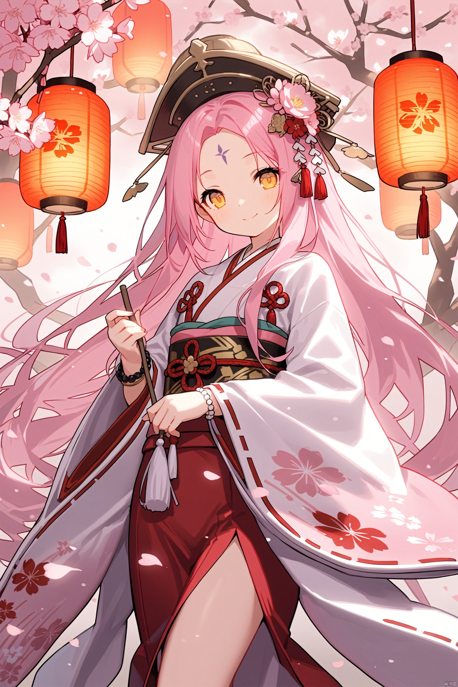 1girl, long hair, solo, flower, lantern, japanese clothes, holding, hair ornament, pink hair, jewelry, kimono, bangs, paper lantern, yellow eyes, bracelet, tassel, beads, very long hair, forehead mark, pink flower, wide sleeves, petals, long sleeves, looking at viewer, branch, smile, cherry blossoms, hat, sidelocks, facial mark