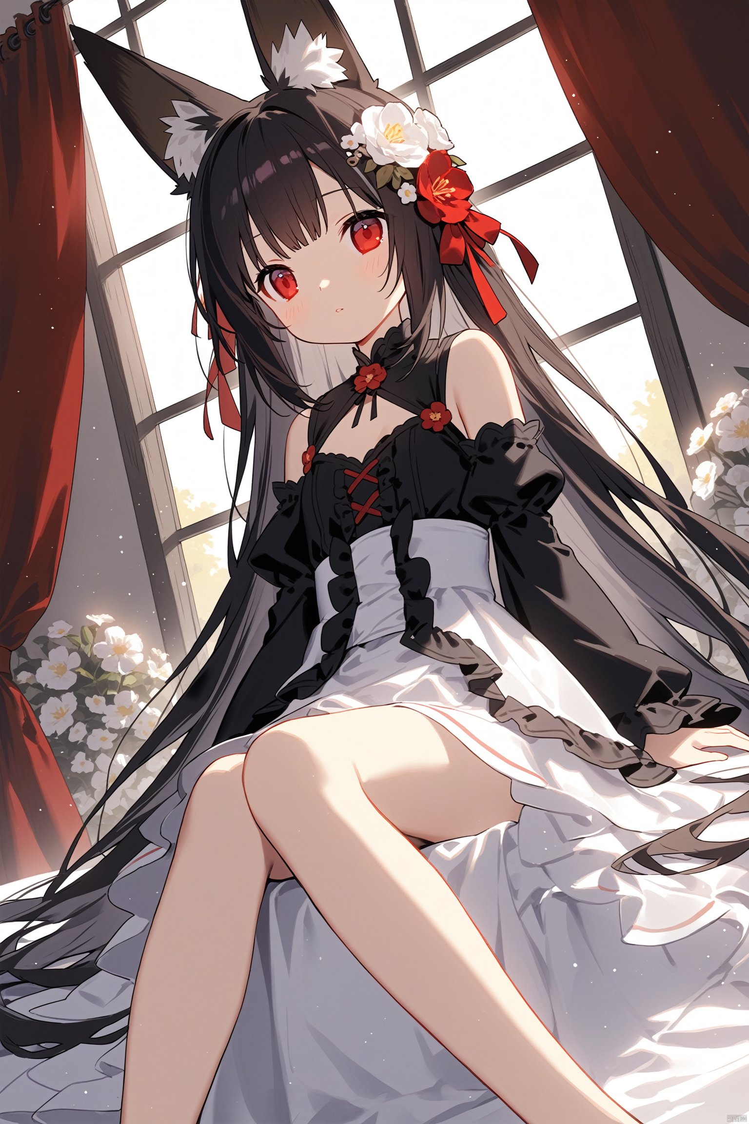 parameters1girl, solo, long_hair, hair_ornament, dutch_angle, white_hair, animal_ears, sitting, long_sleeves, red_eyes, flower, hair_flower, window, watermark, black_hair, dress, detached_sleeves, curtains, feet_out_of_frame, multicolored_hair