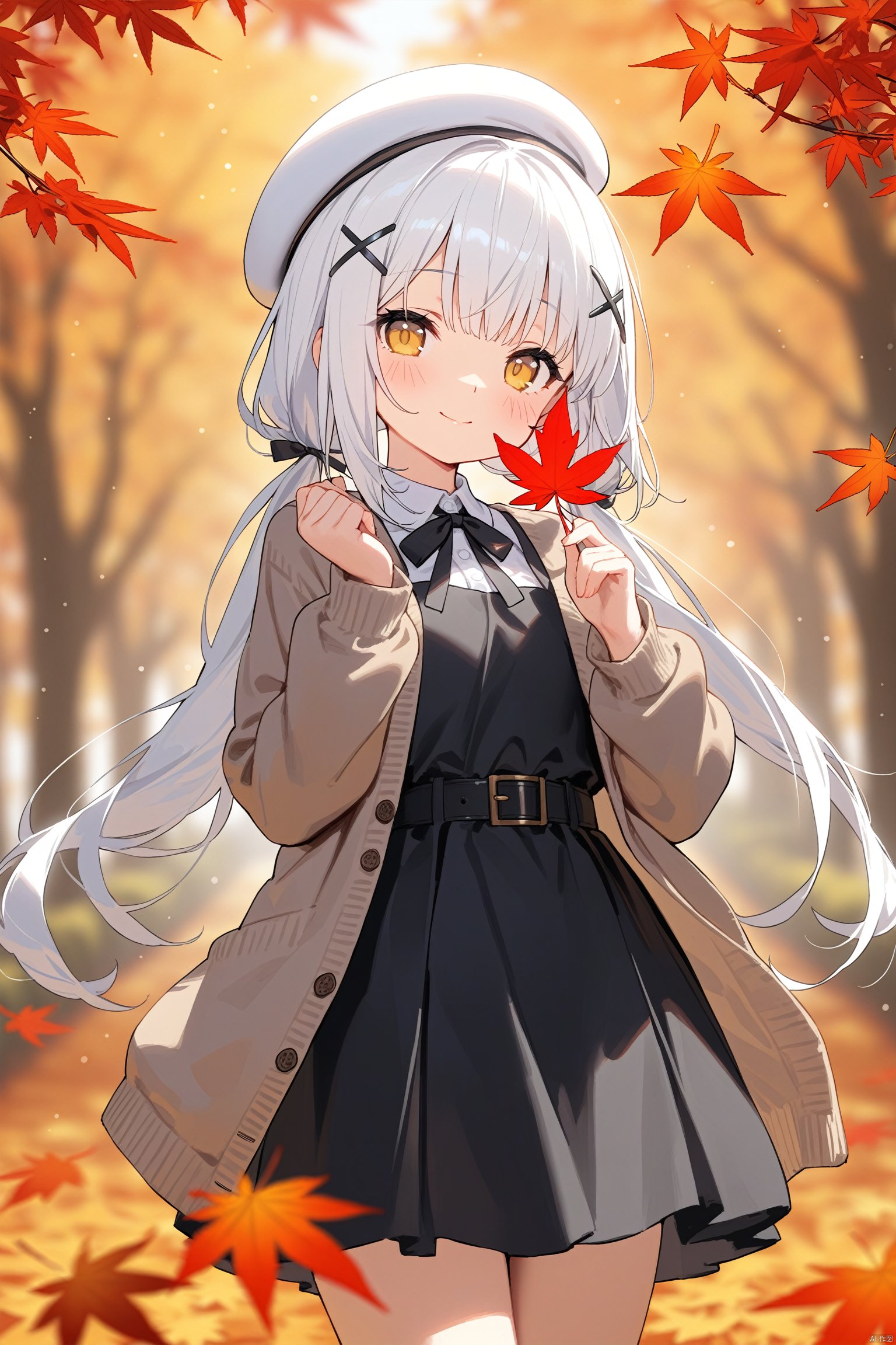 (masterpiece),(best quality),1girl, autumn leaves, solo, dress, maple leaf, hair ornament, long hair, leaf, black dress, hat, twintails, smile, holding, blurry, looking at viewer, x hair ornament, long sleeves, autumn, white headwear, yellow eyes, sleeveless dress, holding leaf, closed mouth, open clothes, pinafore dress, sleeveless, white hair, blurry foreground, beret, blush, depth of field, low twintails, belt, open cardigan, blurry background, cardigan, outdoors, sidelocks, standing
