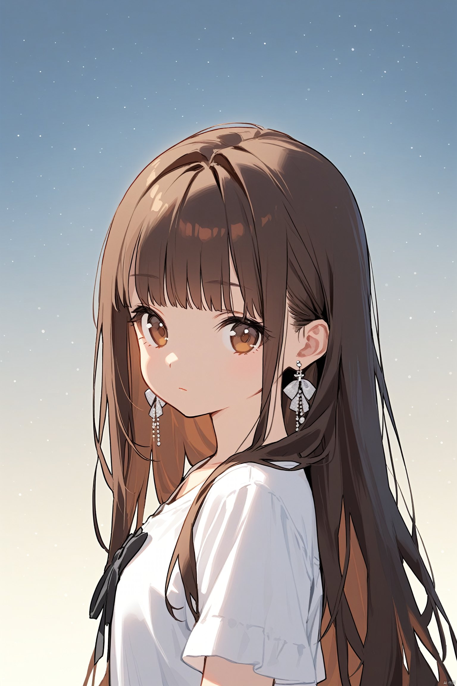 1girl, solo, jewelry, looking at viewer, earrings, long hair, brown hair, shirt, upper body, white shirt, bangs, bow, brown eyes, hair bow, closed mouth