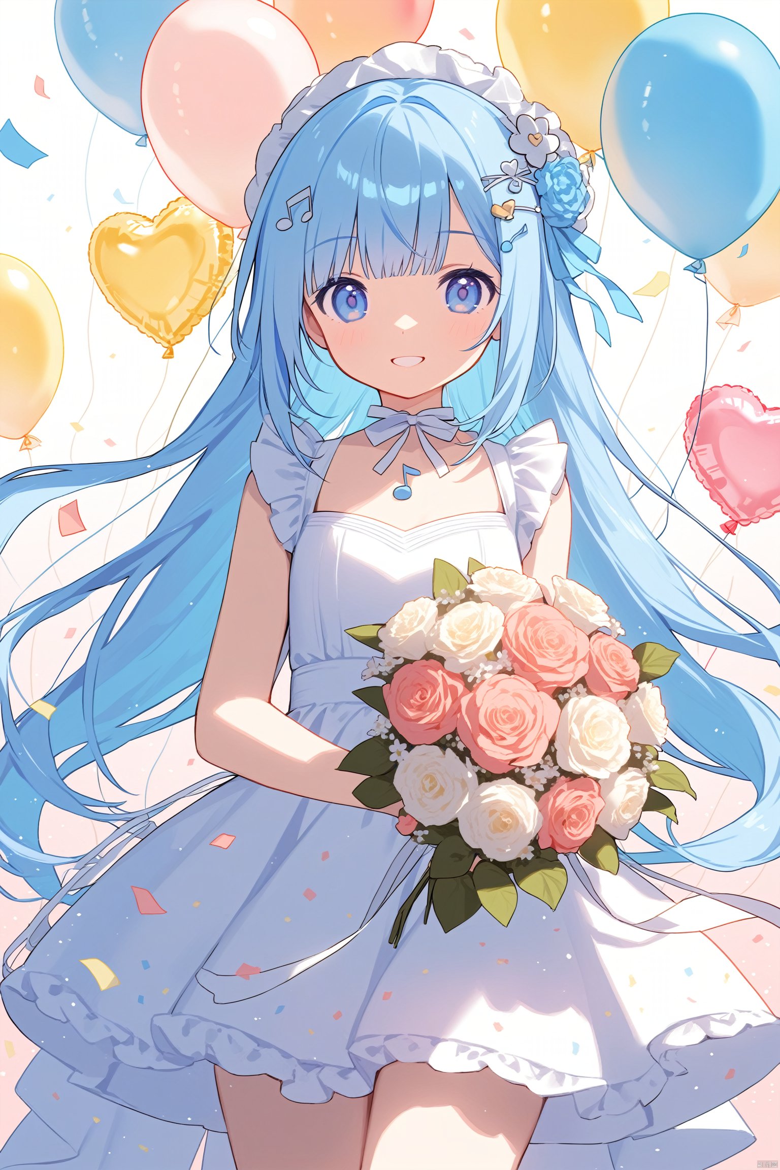 parameters1girl, solo, musical_note, dress, blue_eyes, flower, white_dress, smile, balloon, heart_balloon, long_hair, hair_ornament, looking_at_viewer, bouquet
