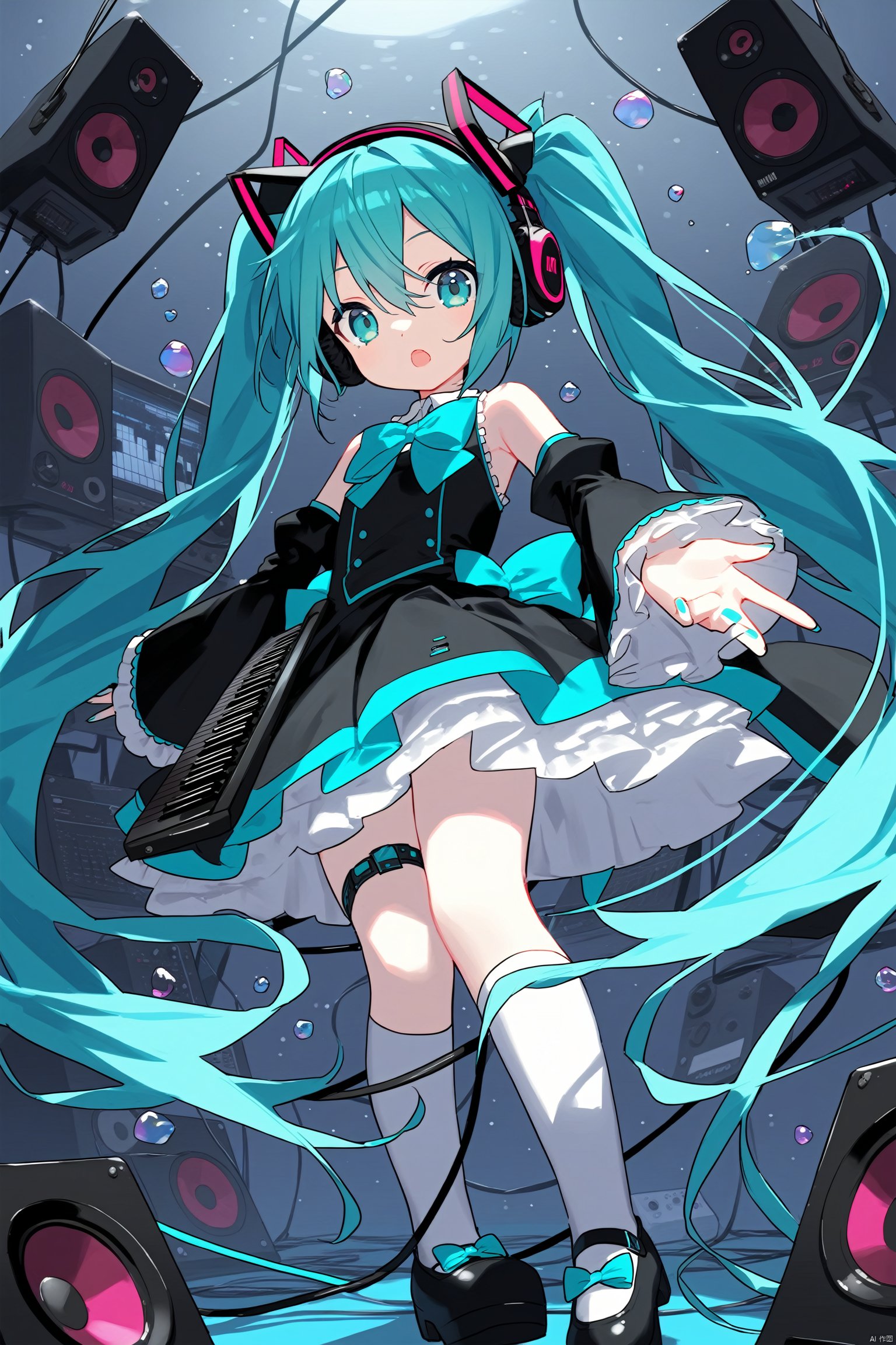 1girl, headphones, hatsune miku, long hair, keyboard \(instrument\), solo, dress, black dress, twintails, speaker, instrument, aqua hair, very long hair, detached sleeves, frilled dress, aqua nails, aqua eyes, frills, magical mirai miku, open mouth, bow, kneehighs, aqua bow, bare shoulders, cube, looking at viewer, animal ears, socks, bubble, cable