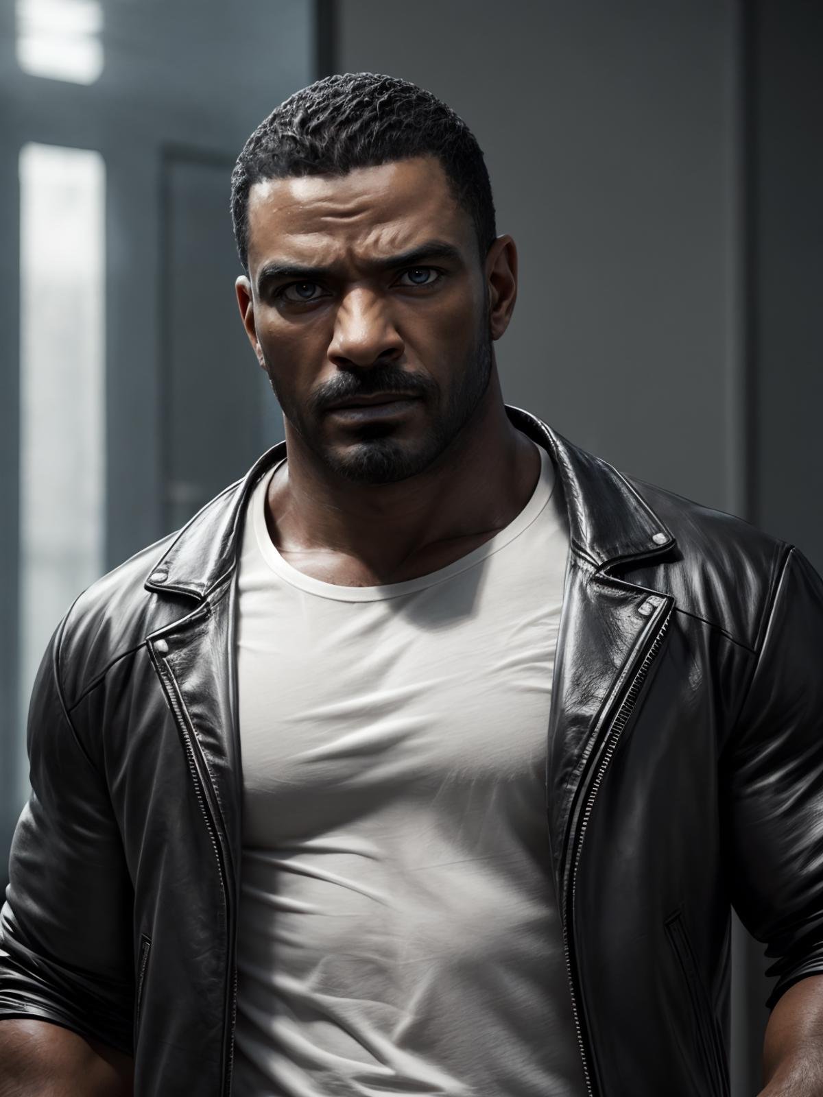 ultra realistic, unreal engine 5, anatomically correct, detailed eyes, detailed face, black eyes, male focus, solo, marvinmilk, beard, very dark skin, dark-skinned male, muscular, black leather jacket, white t-shirt, looking at viewer, fierce gaze,<lora:Add More Details:0.8><lora:Laz Alonso.marvinmilk.C:1>