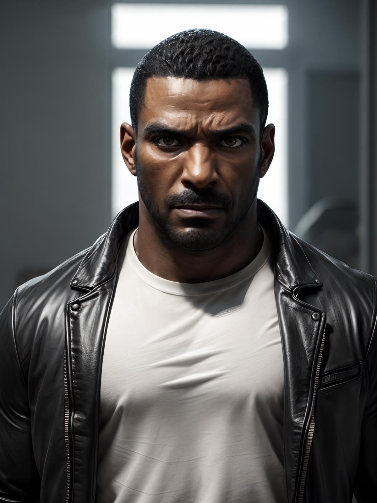 ultra realistic, unreal engine 5, anatomically correct, detailed eyes, detailed face, deep brown eyes, male focus, solo, marvinmilk, beard, very dark skin, dark-skinned male, muscular, black leather jacket, white t-shirt, looking at viewer, fierce gaze,<lora:Add More Details:0.8><lora:Laz Alonso.marvinmilk.C:1>