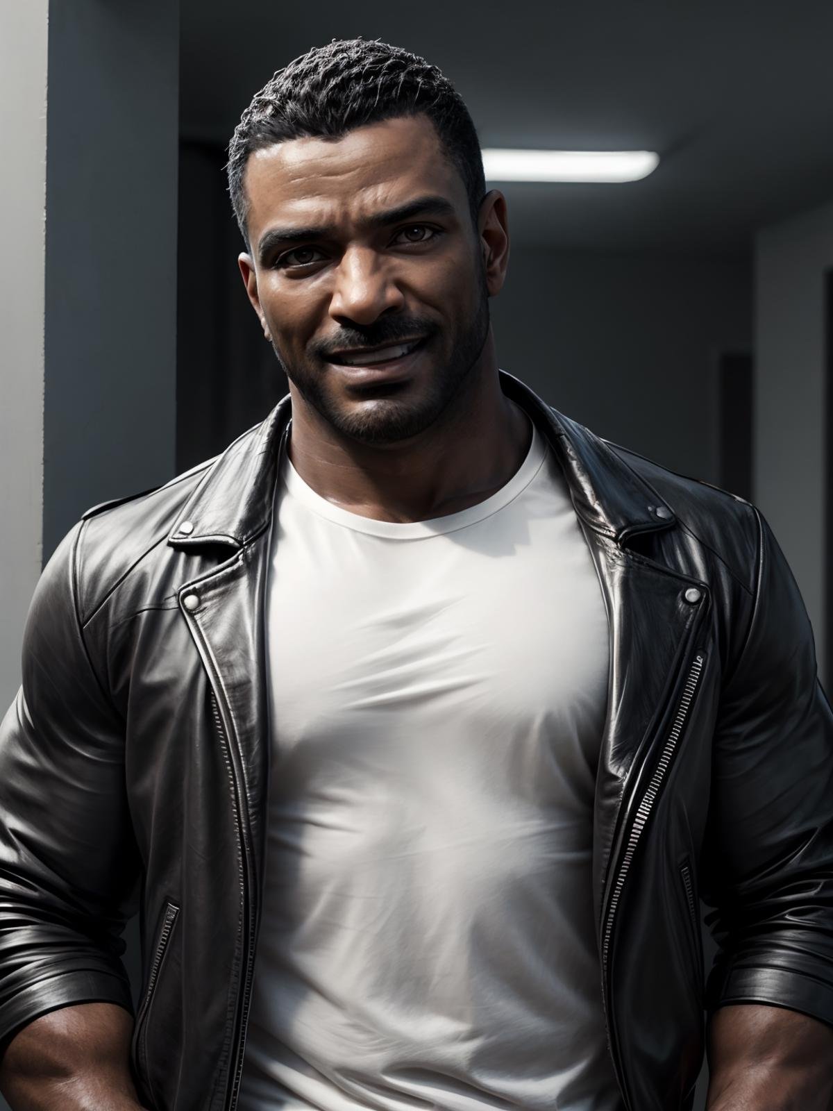 ultra realistic, unreal engine 5, anatomically correct, detailed eyes, detailed face, deep brown eyes, male focus, solo, marvinmilk, beard, very dark skin, dark-skinned male, muscular, black leather jacket, white t-shirt, looking at viewer, smile,<lora:Add More Details:0.8><lora:Laz Alonso.marvinmilk.C:0.8>