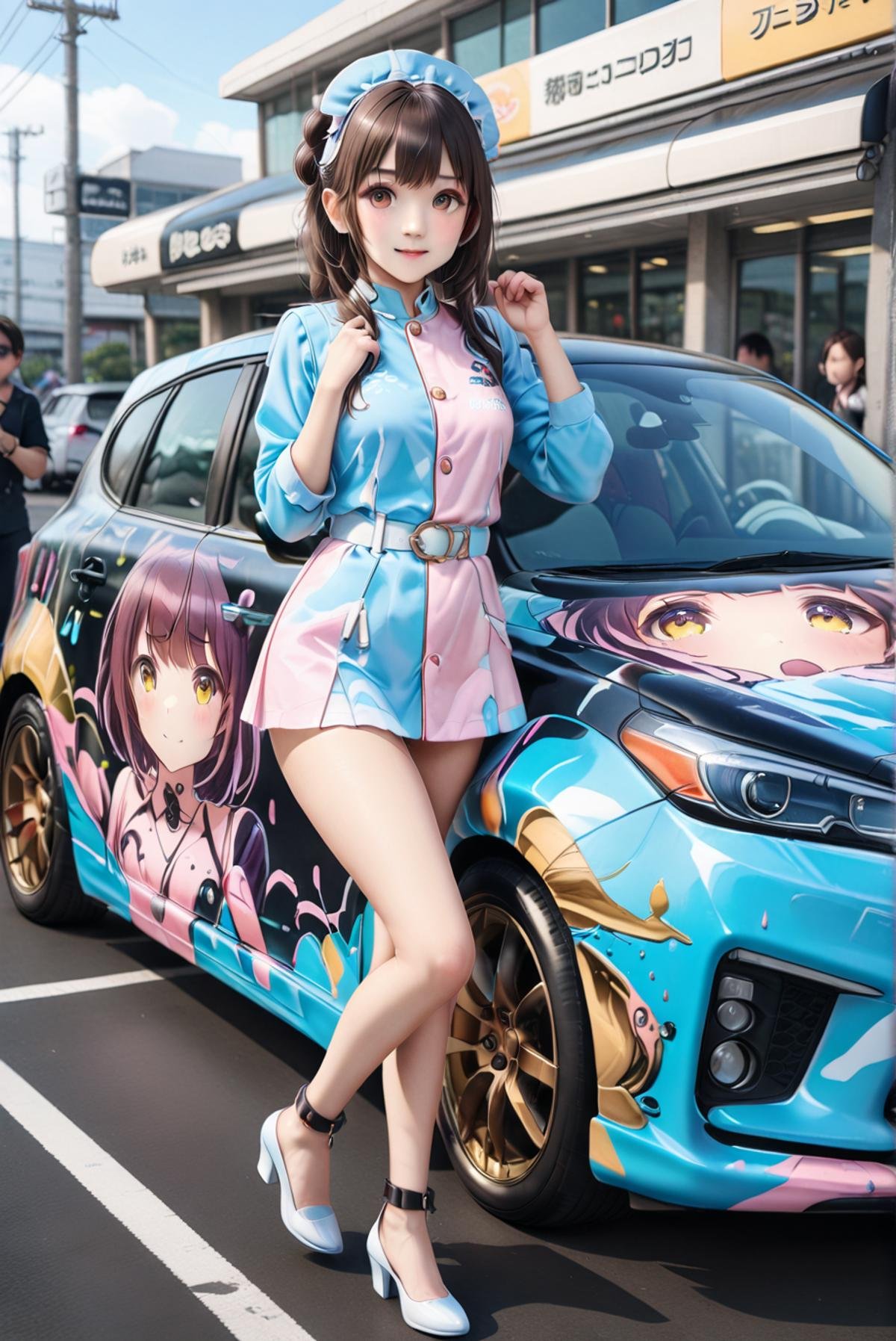 lapping car,print car, painting car,no human, <lora:lappingcarXL27:0.8> with realistic girl,legs,standing