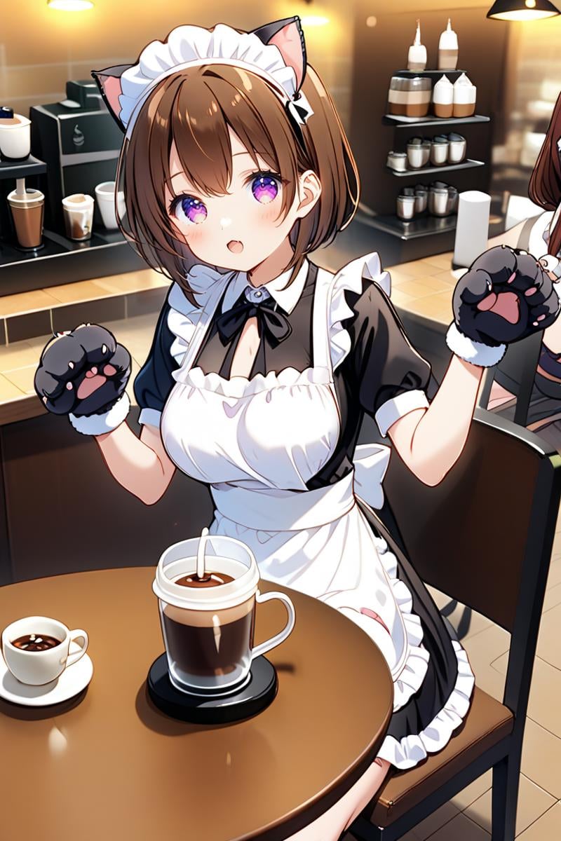 coffee shop,1girl,sit chair,table,cocoa\(drink\),cat ears,animal glove,pet pose,maid