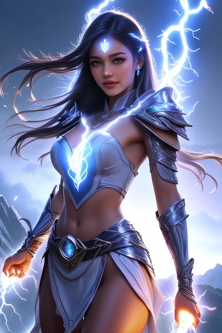 a beautiful girl stands on a hill top. She uses the magic ring and turns into the ultimate form of a beautiful lightning m...