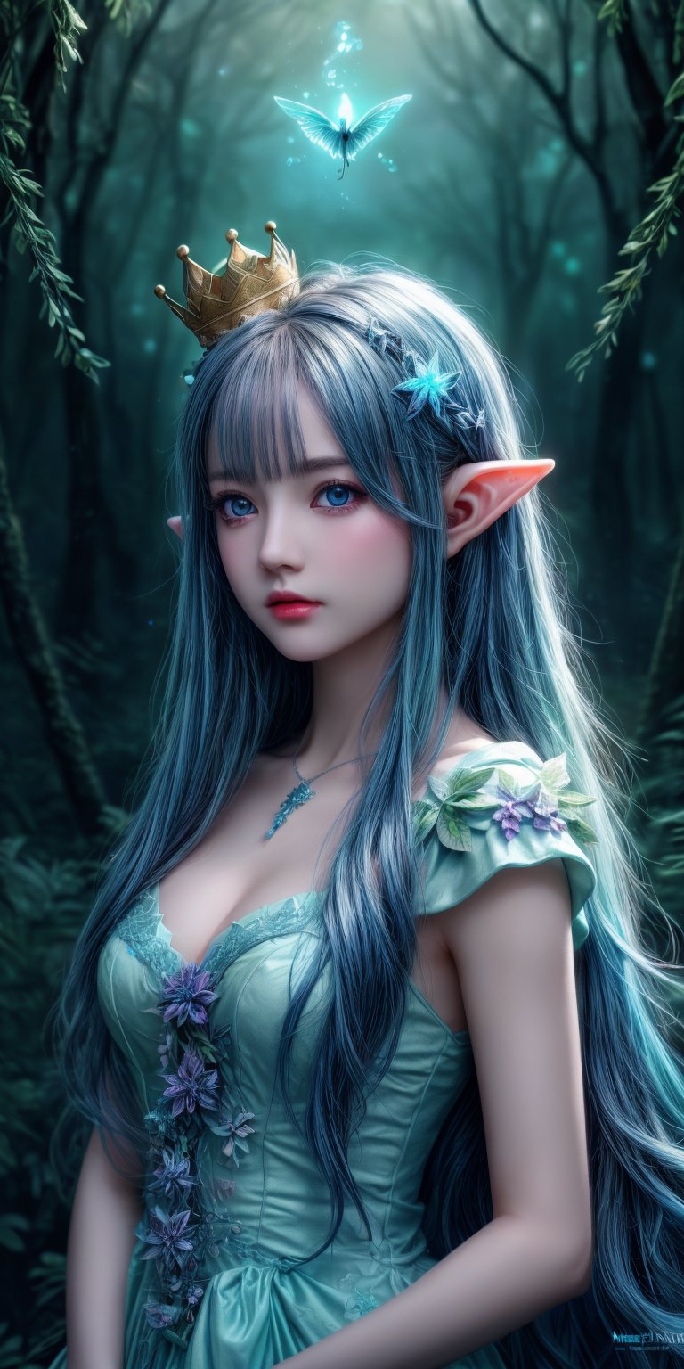 HDR, Ultra detailed illustration of a elf  with crown lost in ((a magical world full of wonders forest)), unique luminous flora, highly detailed, pastel colors,  digital art, art by Mschiffer, night, dark, blue bioluminescence, (darkness background:1.2), 1girl, white skin, pale skin, 