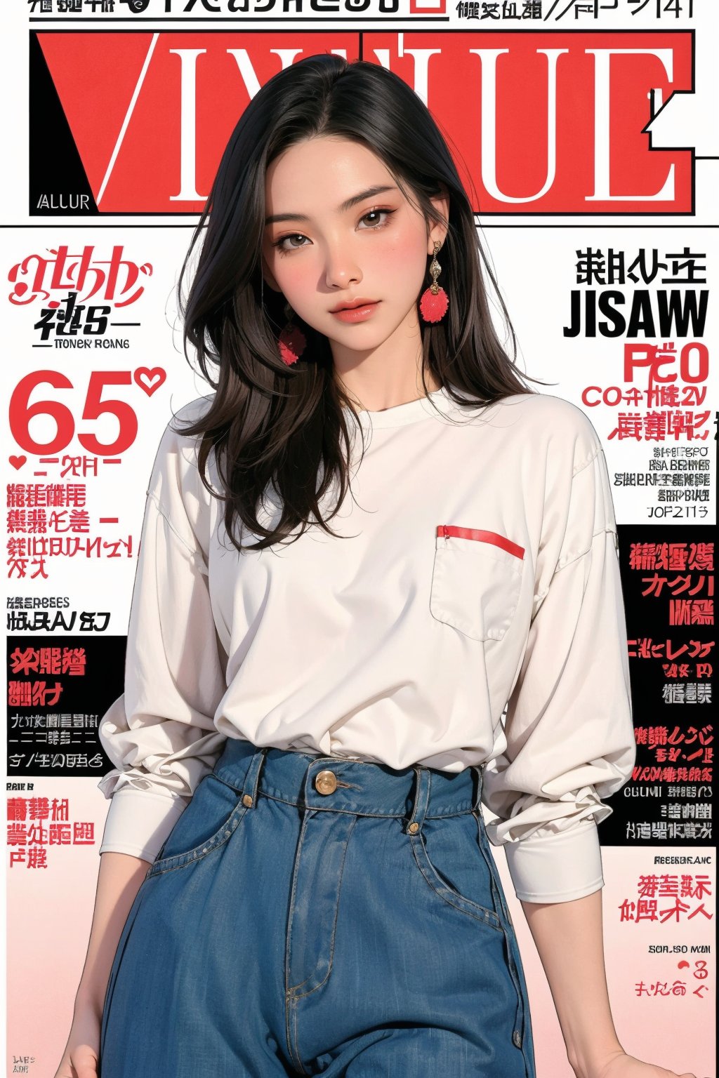 allure, 1girl, blush, hip up, styled outfit, detailed clothes, looking straight at viewer, earrings, magazine cover, outline, johyun, QA