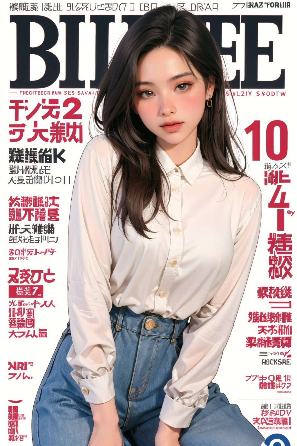 styled outfit, 1girl, blush, thigh up, looking straight at viewer, earrings, magazine cover, outline, johyun,QA