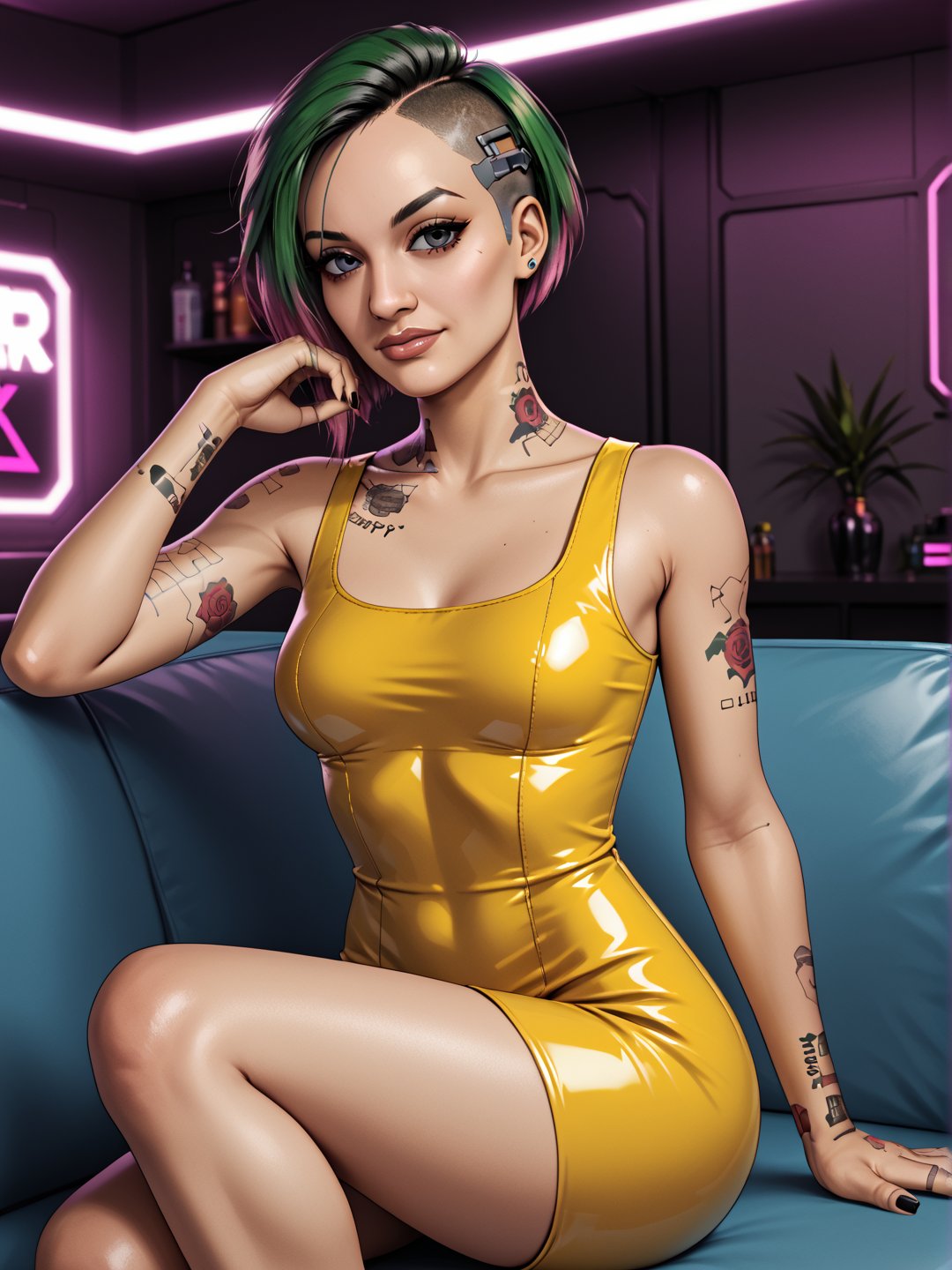 1girl, 35 yo, mature, Judy Alvarez, slender body, (medium height), skinny legs, wearing (solid yellow short latex dress), sitting on sofa, apartment indoor looking at viewer, (upper half portrait:1.1), (closeup:1.1), good hands, cyberpunk 2077 style