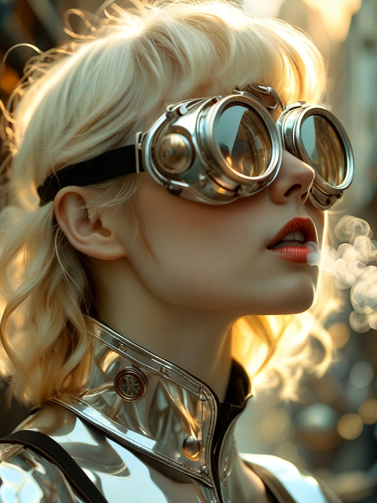 Beautiful white girl with blonde bangs, wearing silver chrome reflective steampunk goggles, ultra-realistic textured skin, exhaling smoke, Renaissance-era steampunk aesthetic, close-up macro photography, side-angle portrait, golden hour