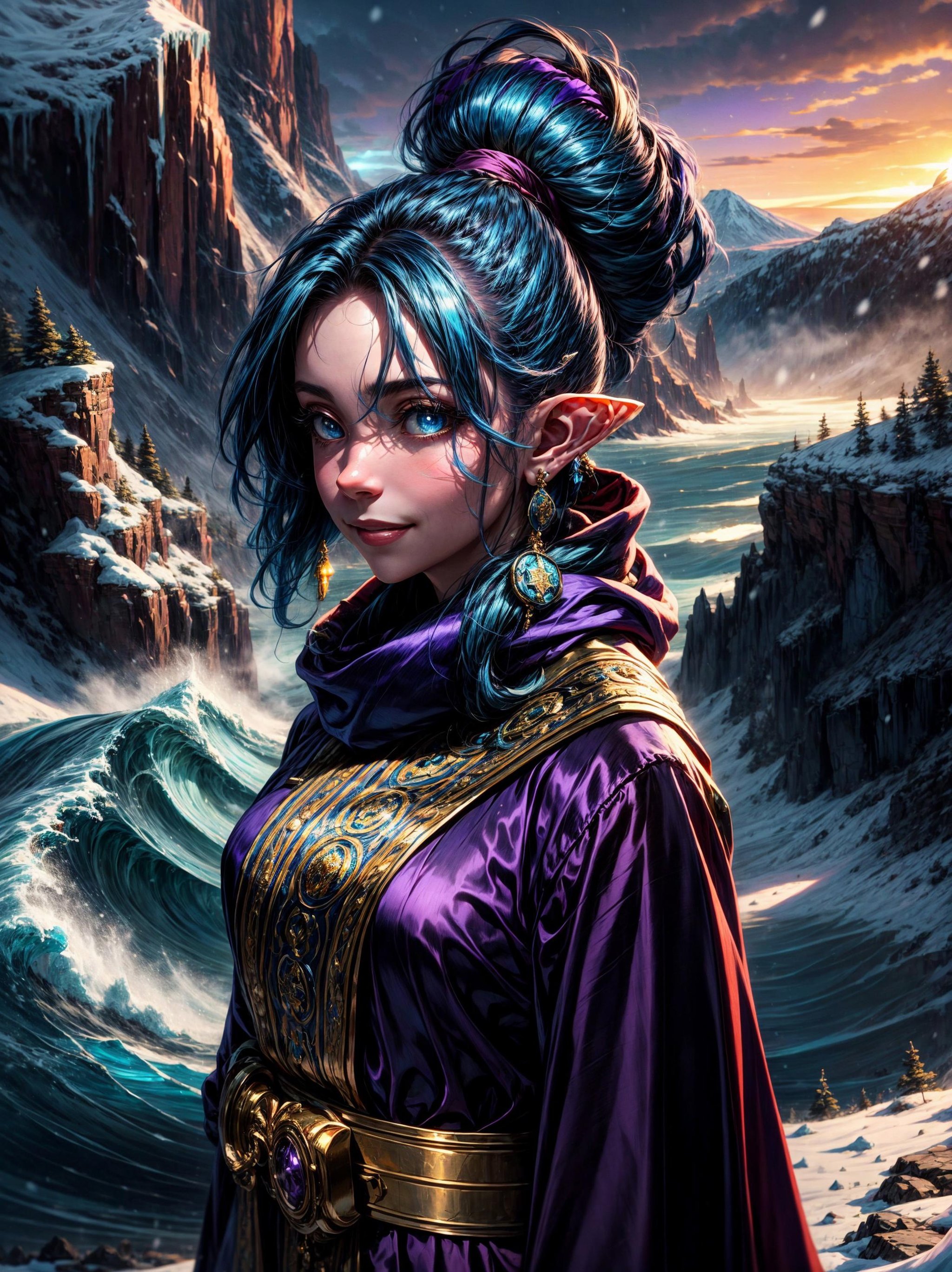 ((best quality)), ((masterpiece)), (detailed), (realistic), (portrait, from the side:1.4), (expressive eyes, perfect face, female elf, seductive smile, shining (blue:1.4) hair, absurdly long curly hair, flowing ((purple silk robe)), high ponytail, disc earrings, large shining blue medallion:1.3),praying, on a snowy cliff, by the sea,A poignant scene depicting Schala, the beloved character from Chrono Trigger, immersed in prayer amidst the serene snow-covered cliffs of 12000 BC, near the village of Algetty. She stands with grace and solemnity, her vibrant blue hair cascading down her back in voluminous waves, held in a high ponytail by a crimson hairband. Her large, expressive blue eyes gaze upwards with reverence and contemplation. Adorned in flowing purple silk robes that billow softly in the chilly wind, she appears ethereal against the backdrop of the icy landscape. The cliffs rise majestically behind her, their rugged surfaces dusted with a blanket of pristine snow, while distant mountains loom in the background, shrouded in mist. The scene is bathed in a soft, diffused light, casting a serene and mystical aura over Schala as she offers her prayers to the heavens., <lora:add_detail:1.5>, <lora:GoodHands-beta2:0.9>, <lora:beautiful_detailed_eyes:0.7>