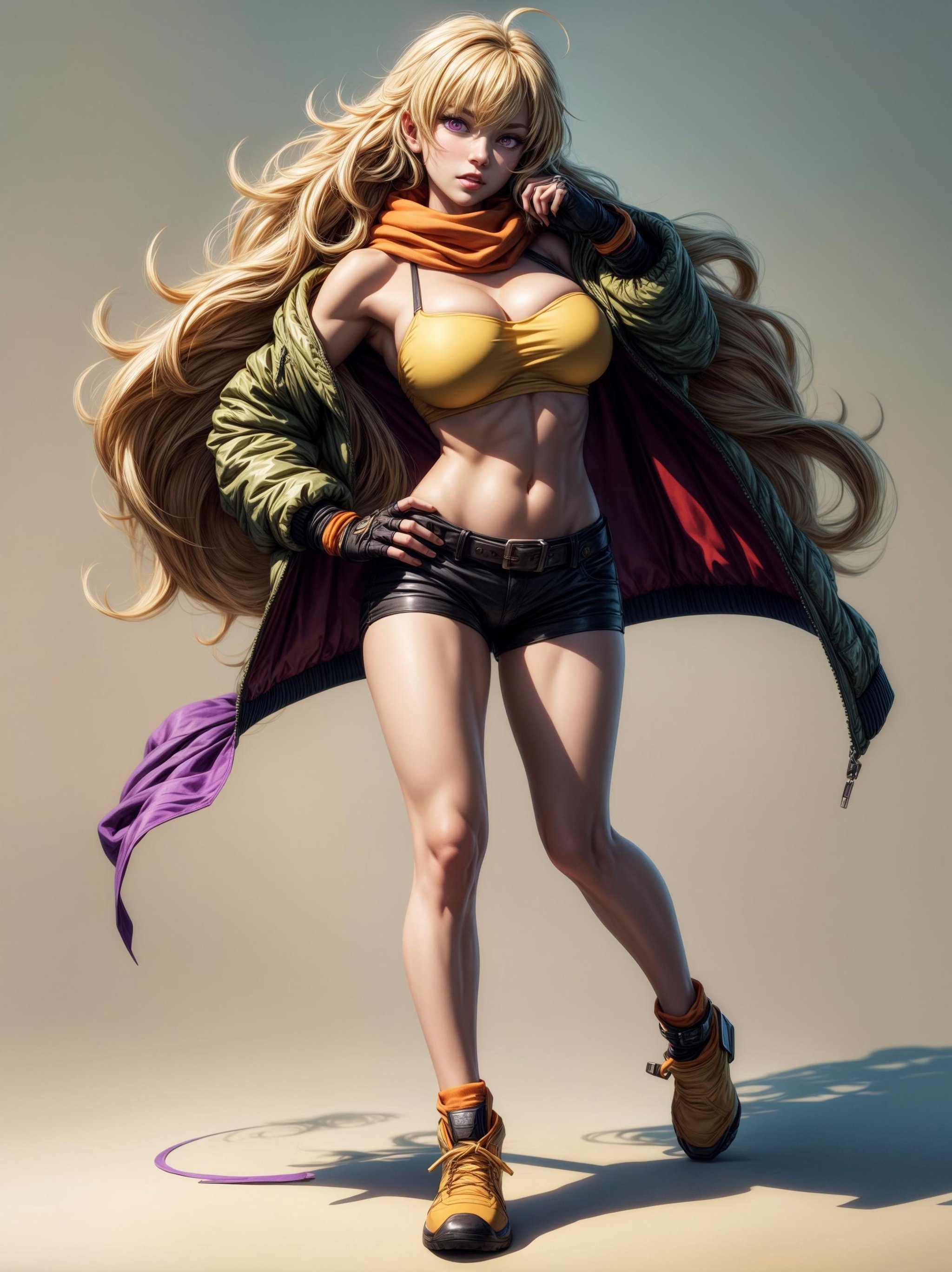 ((best quality)),((masterpiece)),(detailed),(realistic),(8k), (4k), (full body, 1woman, solo:1.3), with a white background, blonde hair, cleavage, waist cape, orange scarf, black fingerless gloves, black shorts, yellow tube top, brown jacket, large breasts, purple eyes, ahoge, yang xiao long, midriff, , <lora:add_detail:1.5>, <lora:GoodHands-beta2:1.0>, <lora:white_1_0:1.0>, <lora:rwby_xiaolong-10:0.7>, <lora:tachie:0.0>