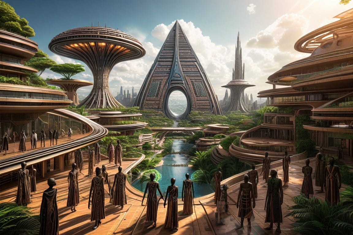 mage of a futuristic city with buildings designed based on traditional African architecture, covered with high-tech lines and natural elements. People in the image may be wearing costumes inspired by ancient African fashion but combined with modern equipment such as virtual reality glasses or technological devices.,Perfect Architecture