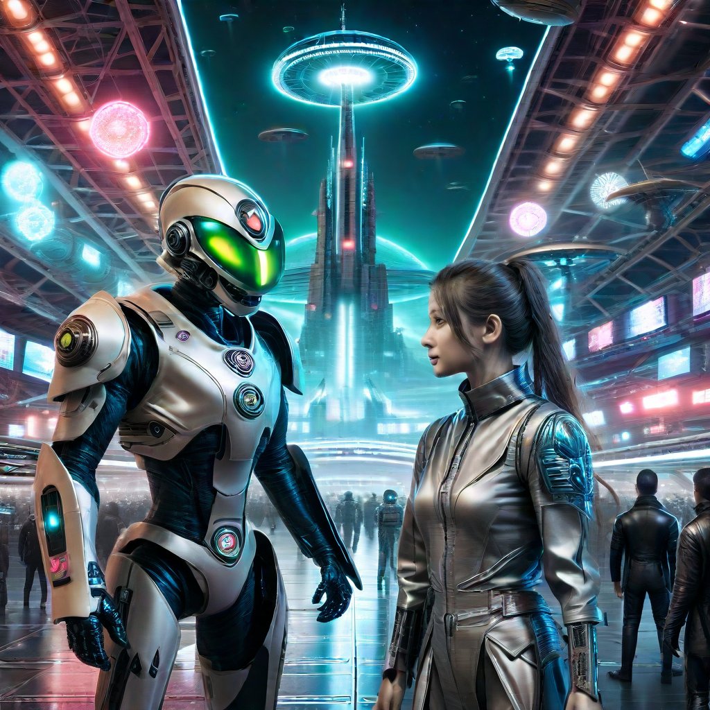 A thrilling sci-fi moment set in a bustling spaceport on a distant planet. The scene is alive with diverse alien species and advanced spacecraft. In the foreground, a humanoid alien in ornate armor is negotiating with a robotic merchant, their expressions animated and intense. The background is a cacophony of neon signs, hovering drones, and the roar of departing ships. The lighting is vibrant, with neon colors reflecting off polished metal surfaces and the bustling crowd. The composition is dynamic, capturing the chaotic energy of the spaceport, with the alien and robot at the center, surrounded by the vibrant, alien marketplace.