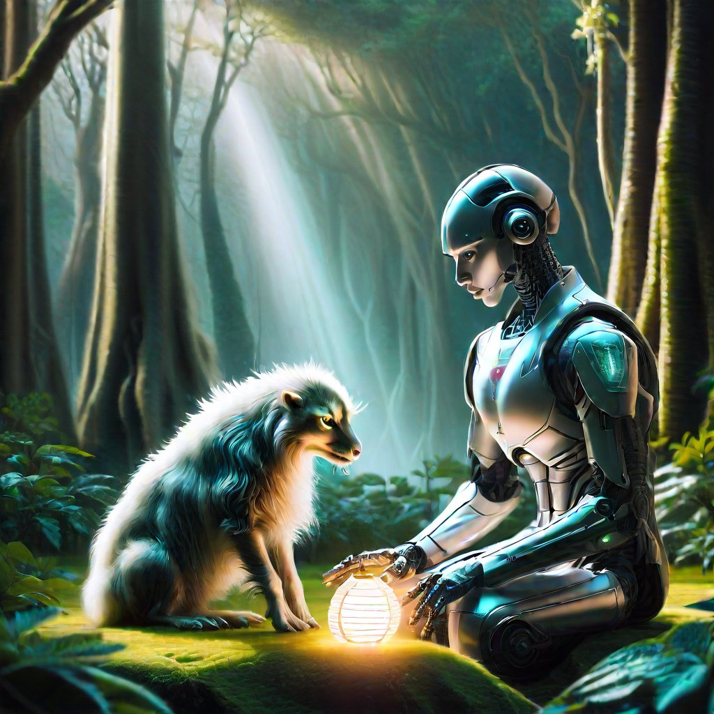 A poignant sci-fi tableau depicting a tender moment between a humanoid robot and a majestic, otherworldly animal. The robot, with a sleek, silver exterior, is kneeling beside the creature, which has shimmering, iridescent fur and large, expressive eyes. They are in a serene, alien forest, with bioluminescent trees casting a soft, ethereal glow. The robot's hand is gently extended, offering a glowing orb, while the animal leans in, curious and trusting. The lighting is soft and diffuse, highlighting the emotional connection between the two. The composition is intimate, focusing on the interaction, with the mysterious forest adding depth and a sense of wonder.