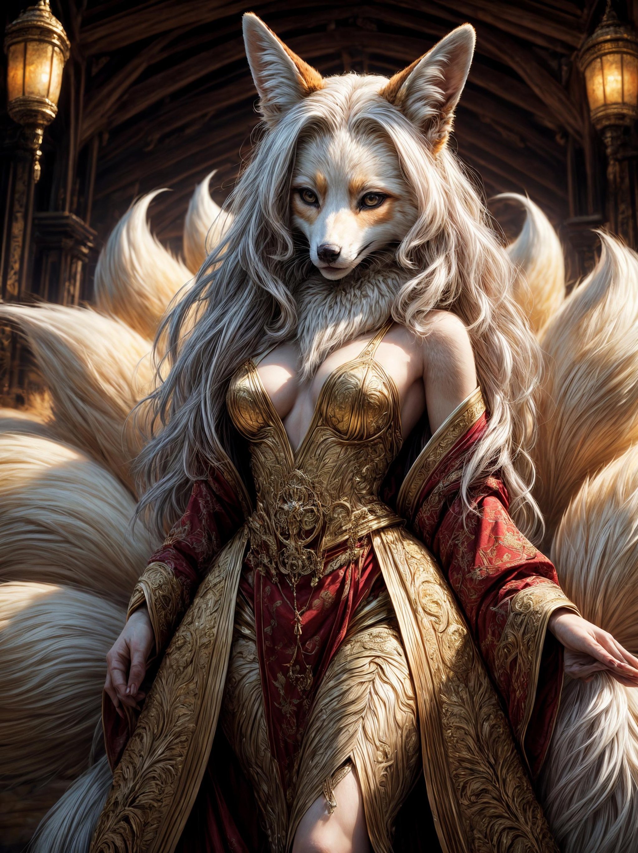 ((best quality)),((masterpiece)),(detailed),(realistic),(8k), (4k), (1girl, solo:1.3),(fox girl, kitsune, fox nose, fox ears, furry, fluffy, 9tails, golden fur:1.25)Craft an exquisite portrayal of a statuesque ((nine-tailed kitsune)) gracefully assuming a human form. The figure should emanate an air of ancient mystique, with ((flowing, luxurious:1.3)) hair and a ((regal:1.2)) demeanor. Pay meticulous attention to the details of the ((nine tails)), ensuring they are ((ethereally flowing:1.4)) and possess a mesmerizing quality. The human features should be delicately merged with fox-like characteristics, creating a perfect balance between ((elegance:1.3)) and ((otherworldly charm:1.2)). The ((color palette)) should be rich and vibrant, with a particular emphasis on ((gold, red, and white hues)). Employ ((cinematic lighting:1.3)) to accentuate the figure's divine presence. The background should be a fusion of traditional Japanese elements and a hint of the magical realm, contributing to the overall ((captivating atmosphere:1.3))., , <lora:Furtastic_Detailer:2.0>, <lora:GoodHands-beta2:2.0>