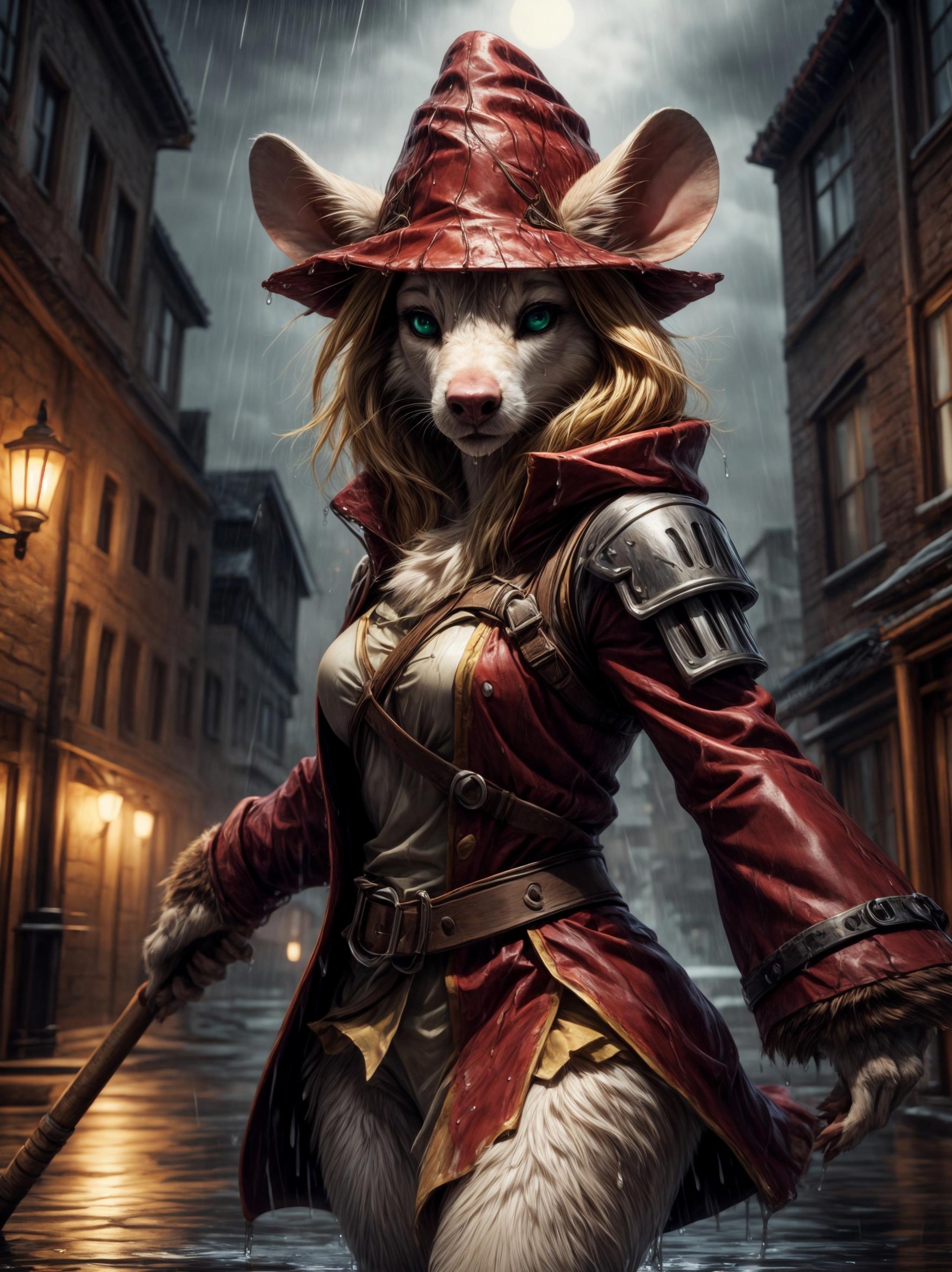 ((best quality)), ((masterpiece)), (detailed), (realistic), (8k), (4k),(1girl, solo:1.3,)(furry, wet fur:1.3),fighting stance, dynamic pose, polearm / staff / spear, shoulder guards, ribbon, tail ornament/accessory, red coat, winged hat, red hat, snout, white/blonde hair, green/blue eyes, white body/fur, mouse girl, freyacrescent, at night, (heavy rain:1.3), on a tiled roof, overcast sky, , <lora:Furtastic_Detailer:2.0>, <lora:e9797eda-0621-4956-96b3-462c8b513cb0:0.7>, <lora:GoodHands-beta2:1.0>