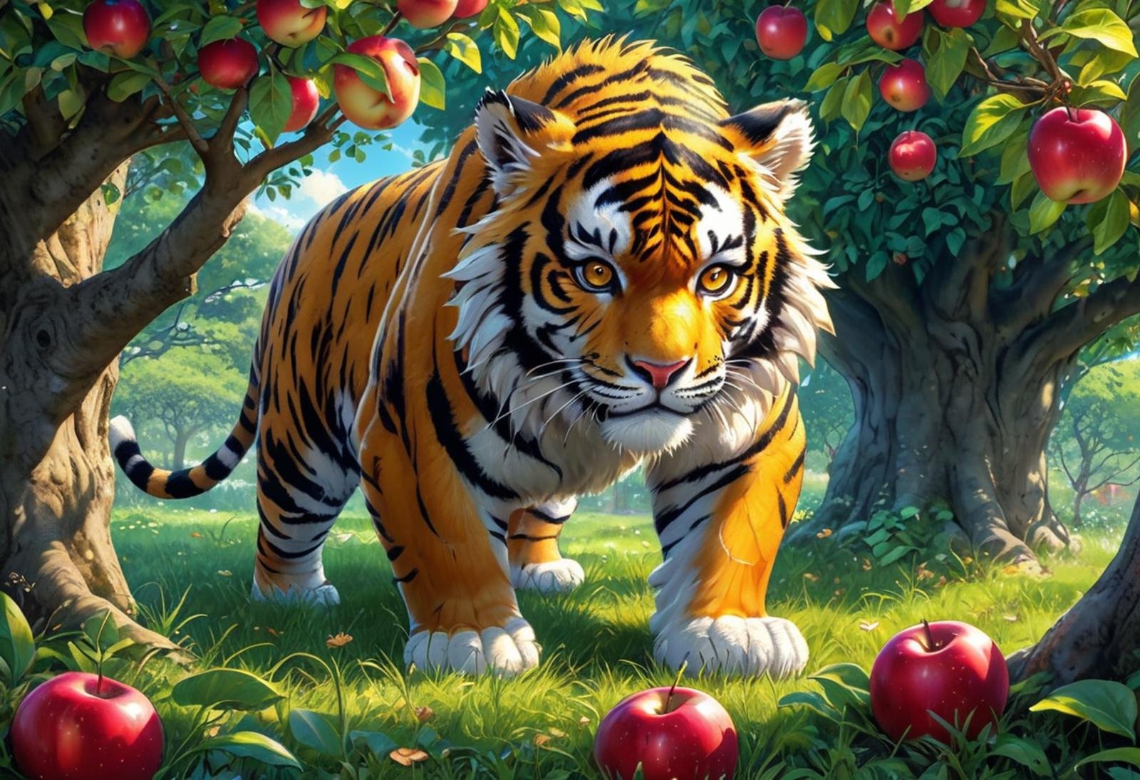 Midjourney, MJ, Midjourney style, poster, light background, close up, manga, anime, digital art of a beautiful tiger pokemon under an apple tree, cartoon style, Matte Painting, magical realism, bright colors, super quality, high detail, high resolution, realism