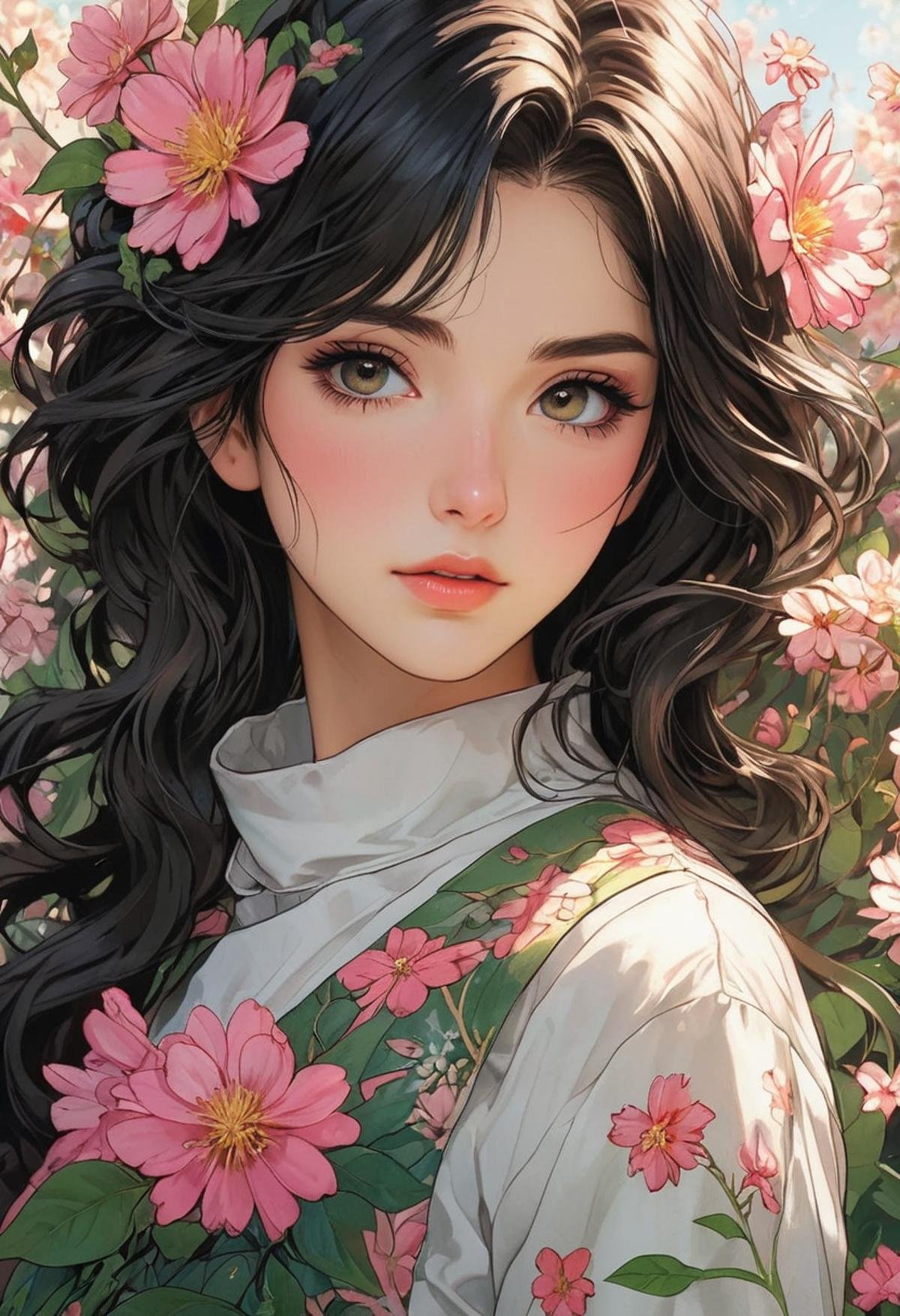 Midjourney, MJ, Midjourney style, poster, light background, close up, manga, anime, photograph of a girl dressed in flowers, artgerm style, loose line, lush and detailed, detailed facial features, cottagecore, nature inspired, close up intensity