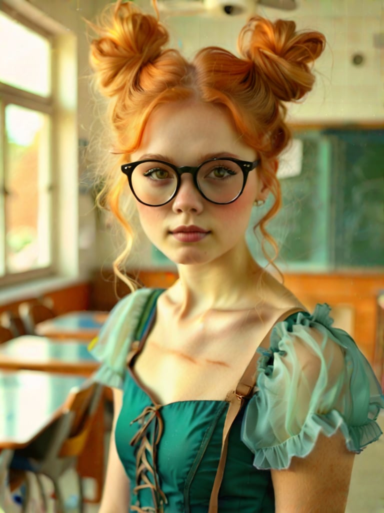 Beautiful 18-year-old woman with ginger hair, fit and slender, wearing glasses and a teal frilly dress, messy space buns with dirty blonde hair, hazel eyes, in a sunlit classroom, natural skin, film photography with light grain and soft lighting, leaning over a desk, vintage fashion