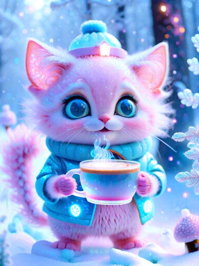 National Geographic-style photo of a tiny pink furry Cheshire Cat in glass epoxy, wearing a blue knitted scarf and warm hat, holding a steaming coffee cup. Winter backdrop, transparent body with glistening bioluminescent scales, snowflakes on iridescent skin, big expressive eyes, fairytale ambiance.