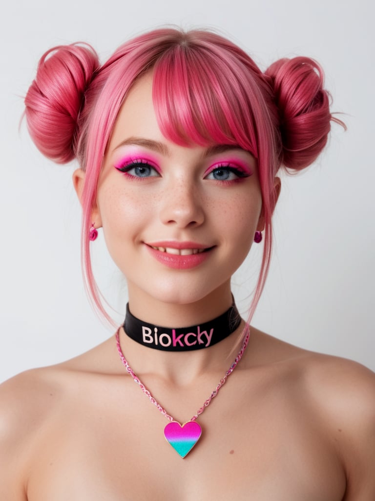 score_9, score_8_up, score_7_up, realistic lighting, photo, photorealistic
1girl, pink hair, necklace, (bangs:1.1), side view, (detailed face and eyes:1.2), white background, perfect cute face, turning to look at viewer, vibrant colours, cocky smile, choker, (freckles:0.6), eyeshadow, pigtail buns, round face