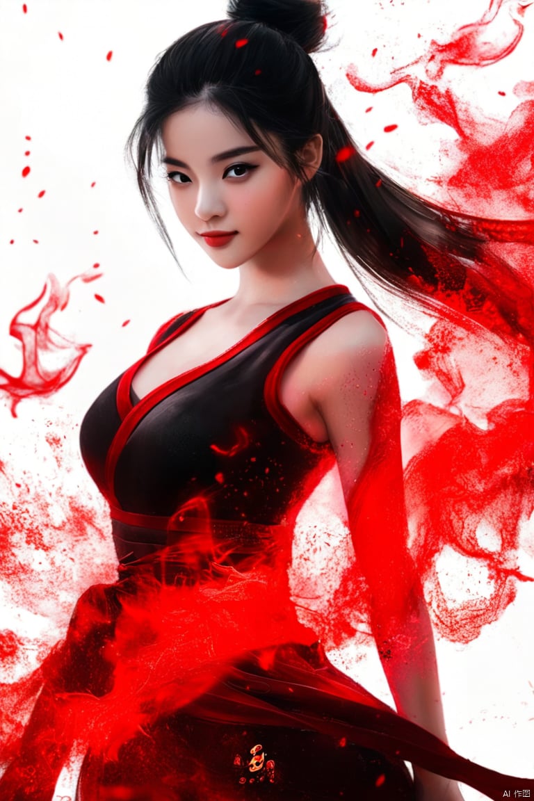 最好的画质,大师作品,1girl, solo, long hair, breasts, looking at viewer, black hair, ponytail, sleeveless, hair bun, single hair bun, red fire, 真实