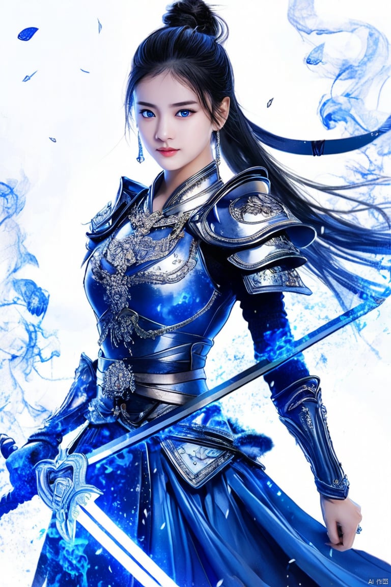 Best picture quality, master work, photography,照片, 1girl, solo, long hair, looking at viewer, blue eyes, black hair, dress, ponytail, weapon, earrings, hair bun, armor, single hair bun, blue fire, white background , blue theme ,huoyan,