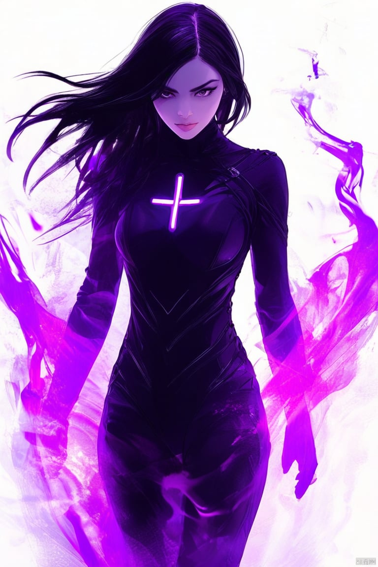 The best picture quality, master work, 1girl, solo, long hair, looking at viewer, black hair, bodysuit, aura, purple theme, houyan, white theme