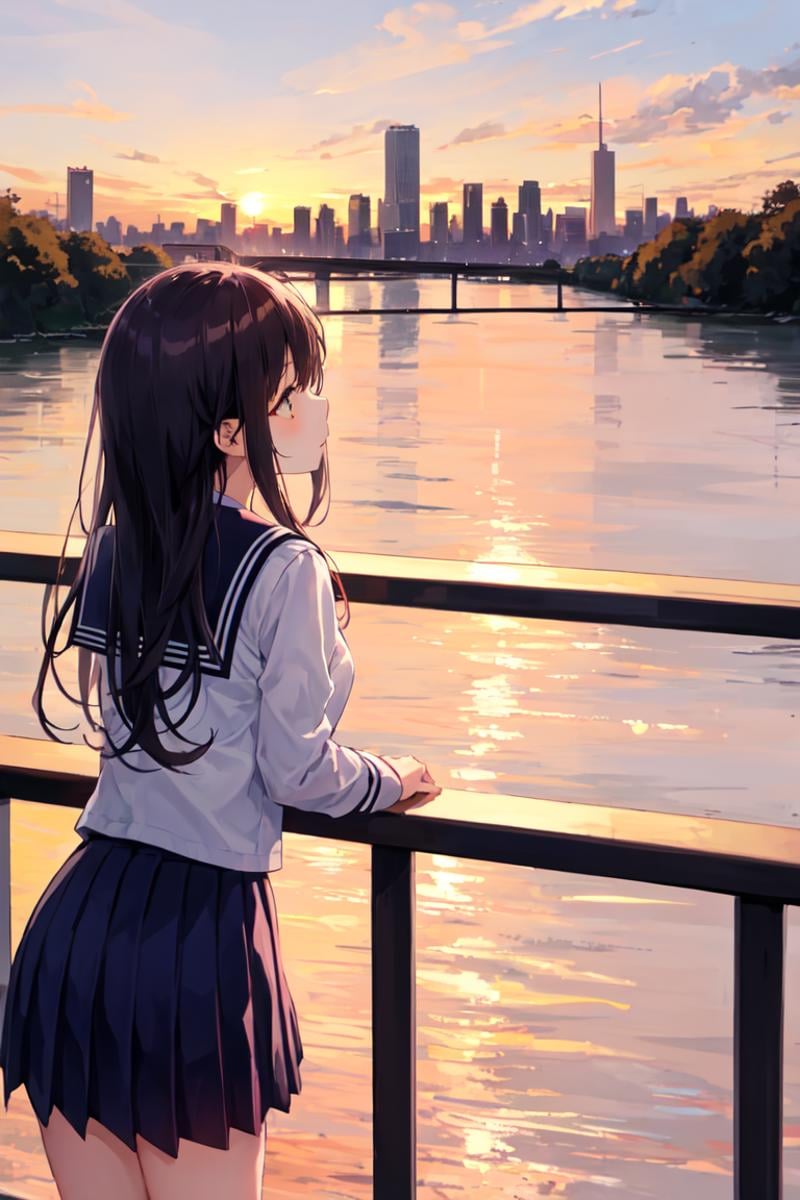 1girl,  school uniform,  leaning against a railing on a bridge by hoyos on Tensor.Art