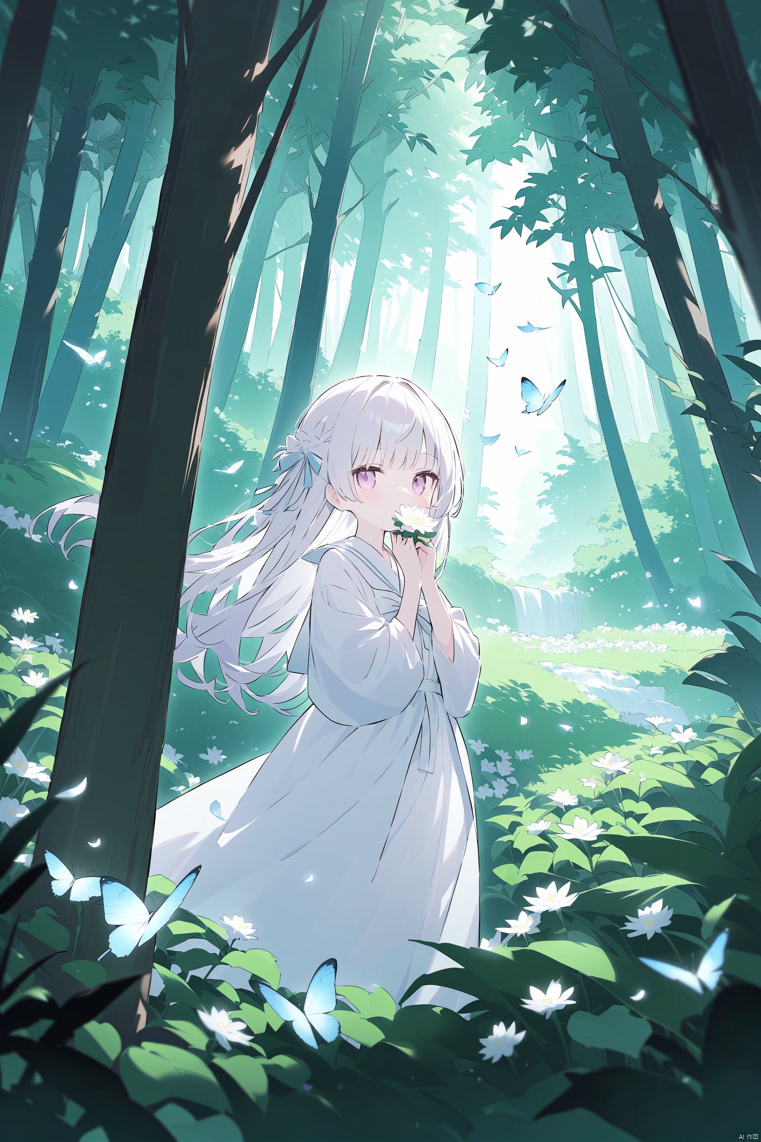 (masterpiece),(best quality),blurry foreground with butterlies, a girl hiding behind plants full of flowers, covering mouth with flowers, looking to viewers through the flowers. solo. The whole atmosphere of the picture is serene and dreamy, evoking a sense of nostalgia and magic. flying leaves falling down from a tall tree with verdant leaves and white flowers. pale skin, lovely, sweet.