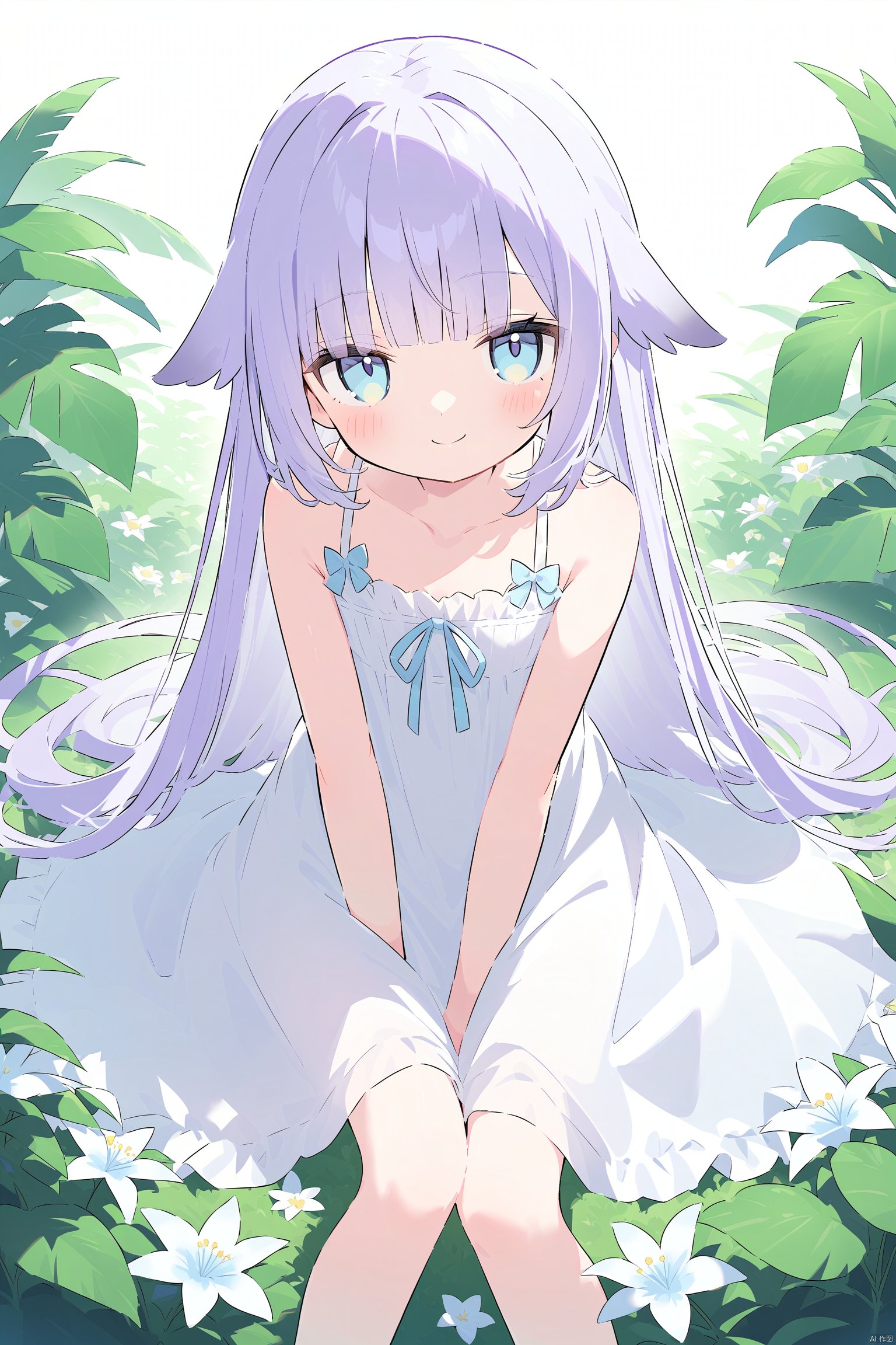 1girl, solo, long hair, blue eyes, dress, sitting,purple hair, white dress, looking at viewer, blush, smile, sleeveless, sleeveless dress, closed mouth, bare shoulders, very long hair, bangs, plant, bare arms, outdoors, sundress, hair flaps, feet out of frame, collarbone, flower, loli, petite, light orange hair, flower field