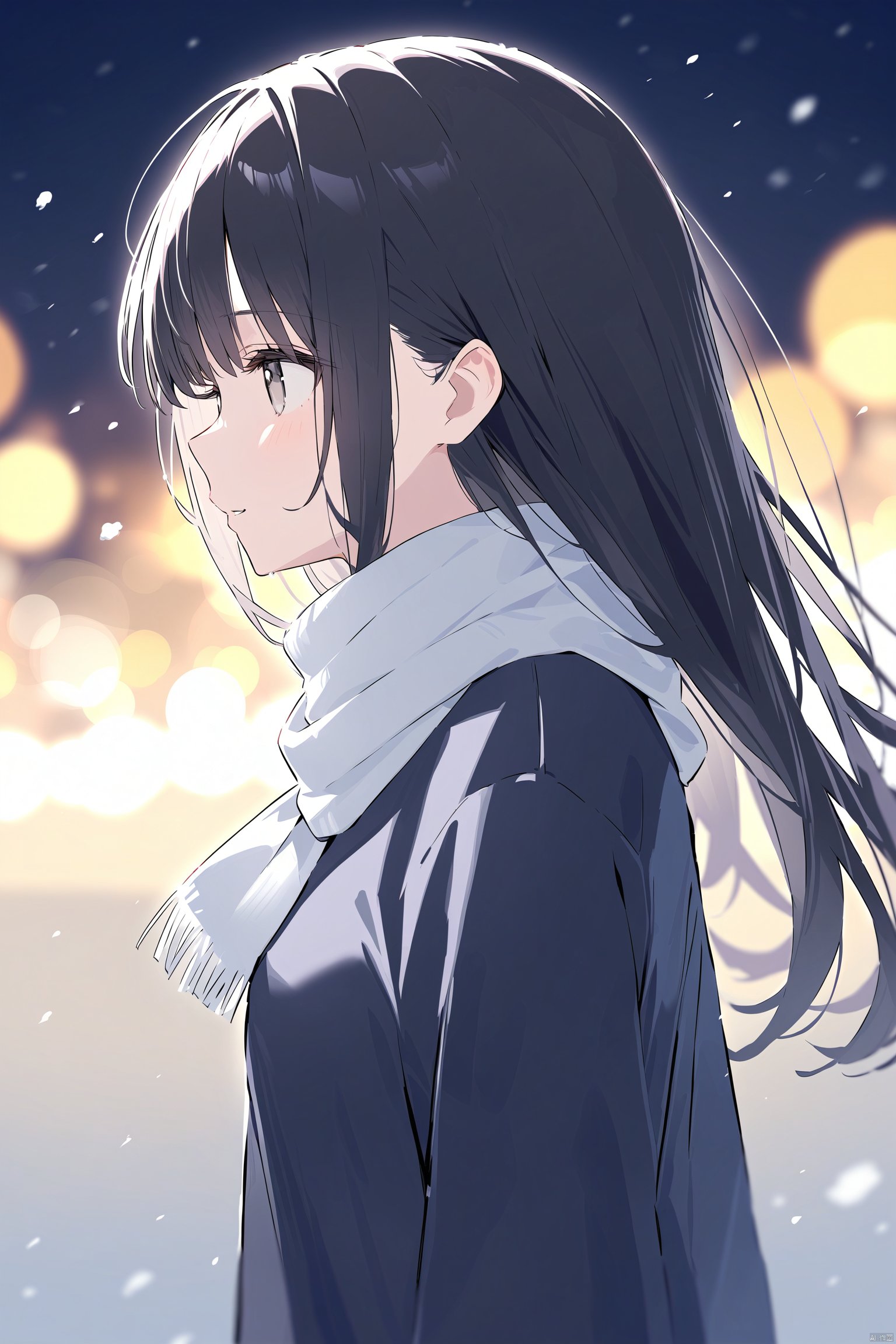 (masterpiece),(best quality),(masterpiece),(best quality),1girl, black_coat, black_hair, blurry, blurry_background, blurry_foreground, bokeh, city_lights, coat, depth_of_field, from_side, jacket, lens_flare, long_hair, long_sleeves, looking_away, motion_blur, outdoors, scarf, snow, snowing, solo, upper_body