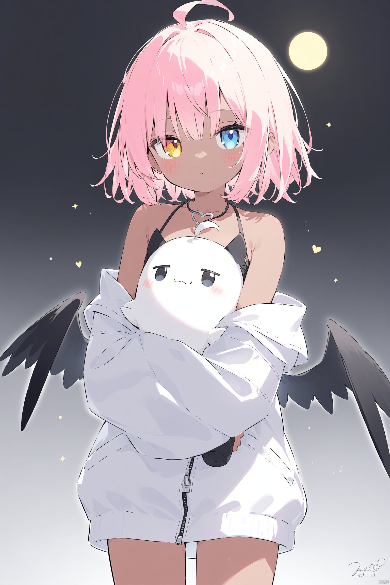 best quality, amazing quality, very aesthetic,petite,loli,1girl, heterochromia, solo, sleeves_past_wrists, blue_eyes, black_wings, heart, collarbone, wings, hair_between_eyes, stuffed_toy, object_hug, jacket, looking_at_viewer, bangs, feathered_wings, sleeves_past_fingers, stuffed_animal, closed_mouth, off_shoulder, bare_shoulders, long_sleeves, yellow_eyes, signature, ahoge, white_jacket, dark-skinned_female, holding, moon, cowboy_shot, blush, short_hair, grey_background, dark_skin, gradient, sleeveless, hood, gradient_background