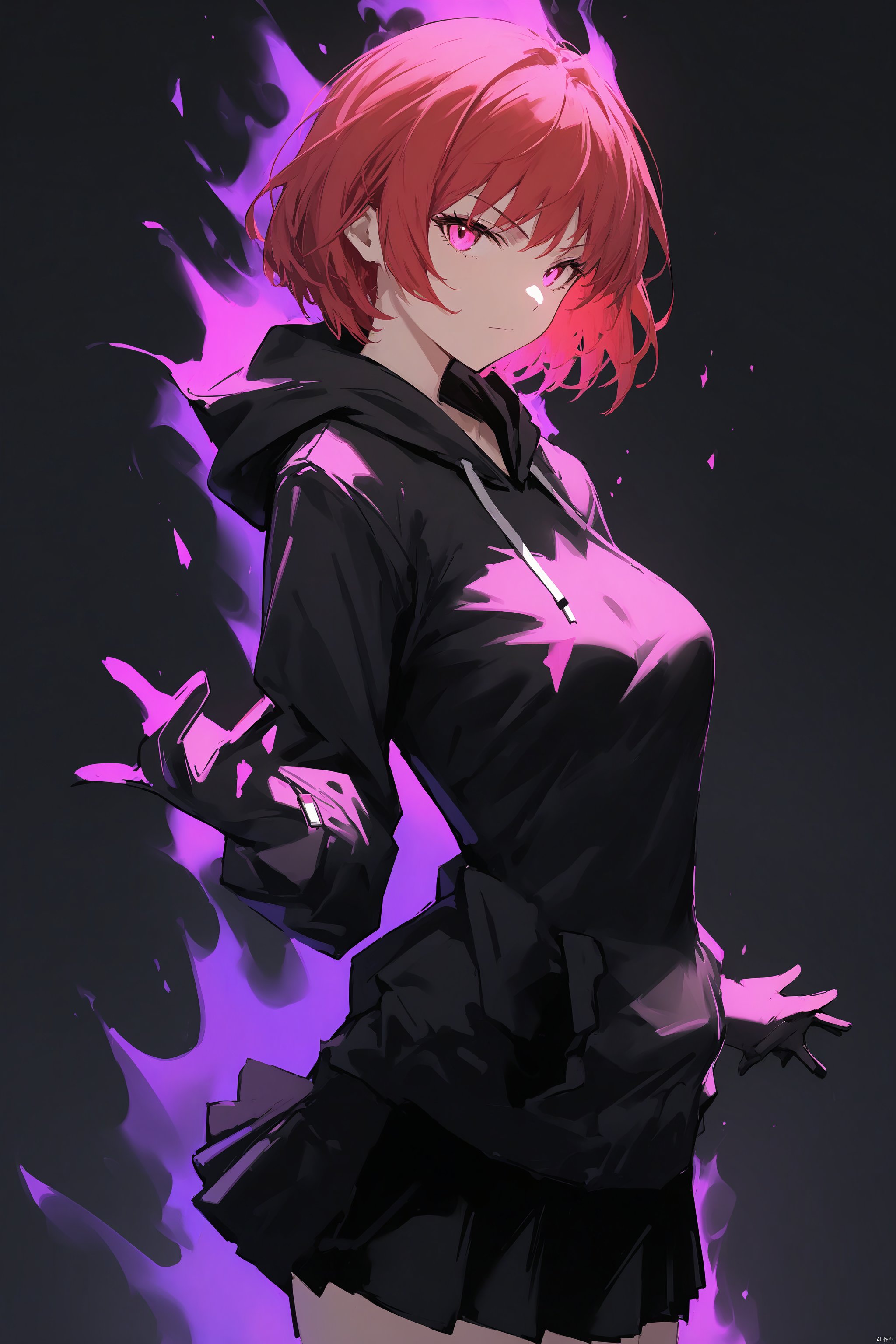 1girl, aura, black_background, black_skirt, breasts, closed_mouth, cowboy_shot, gloves, hood, hoodie, long_sleeves, looking_at_viewer, pink_eyes, red_hair, short_hair, solo