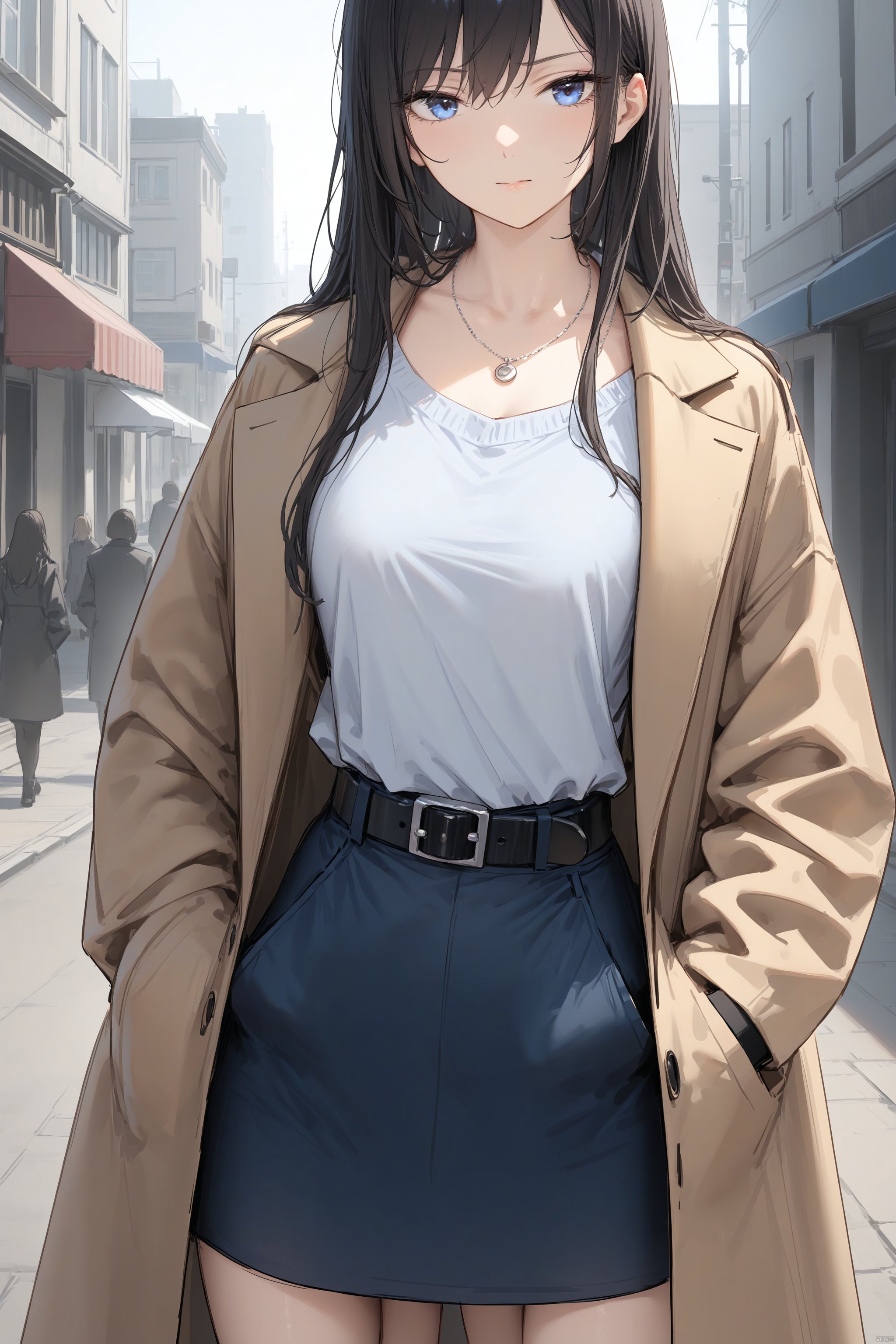 masterpiece, best quality,1girl,solo focus,standing in front of a building, black long hair, wearing a necklace, delicate face, beautiful eye, long coat,blue short skirt,snap-fit buckle,close-up,hand in pocket, dofas