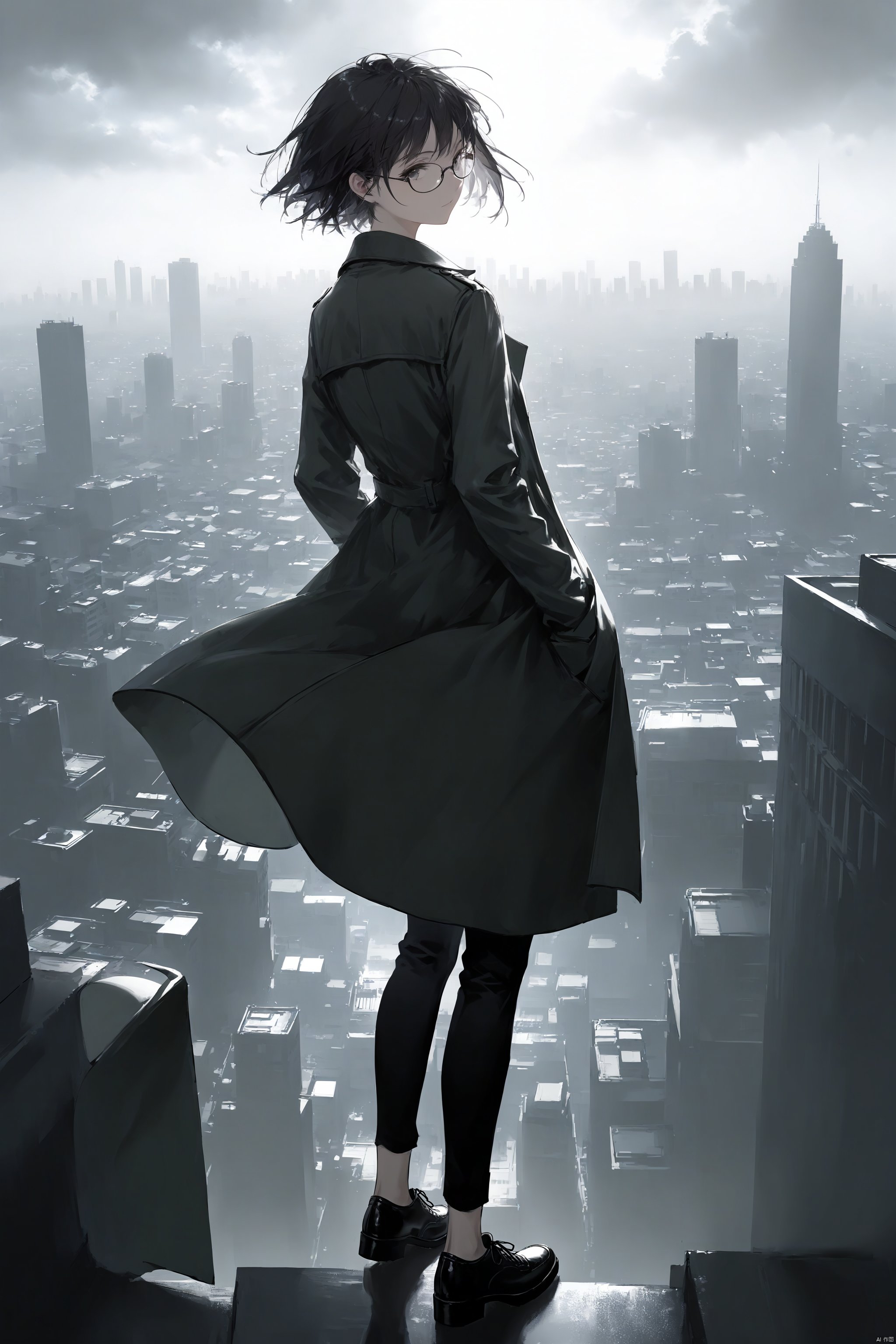 1girl, cloudy sky, solo, cloud, sky, outdoors, black footwear, looking back, looking at viewer, black hair, short hair, pants, sleeves past wrists, city, cityscape, jacket, shoes, long sleeves, from behind, black pants, full body, coat, glasses, sunlight, building, overcast, grey sky, closed mouth, floating hair