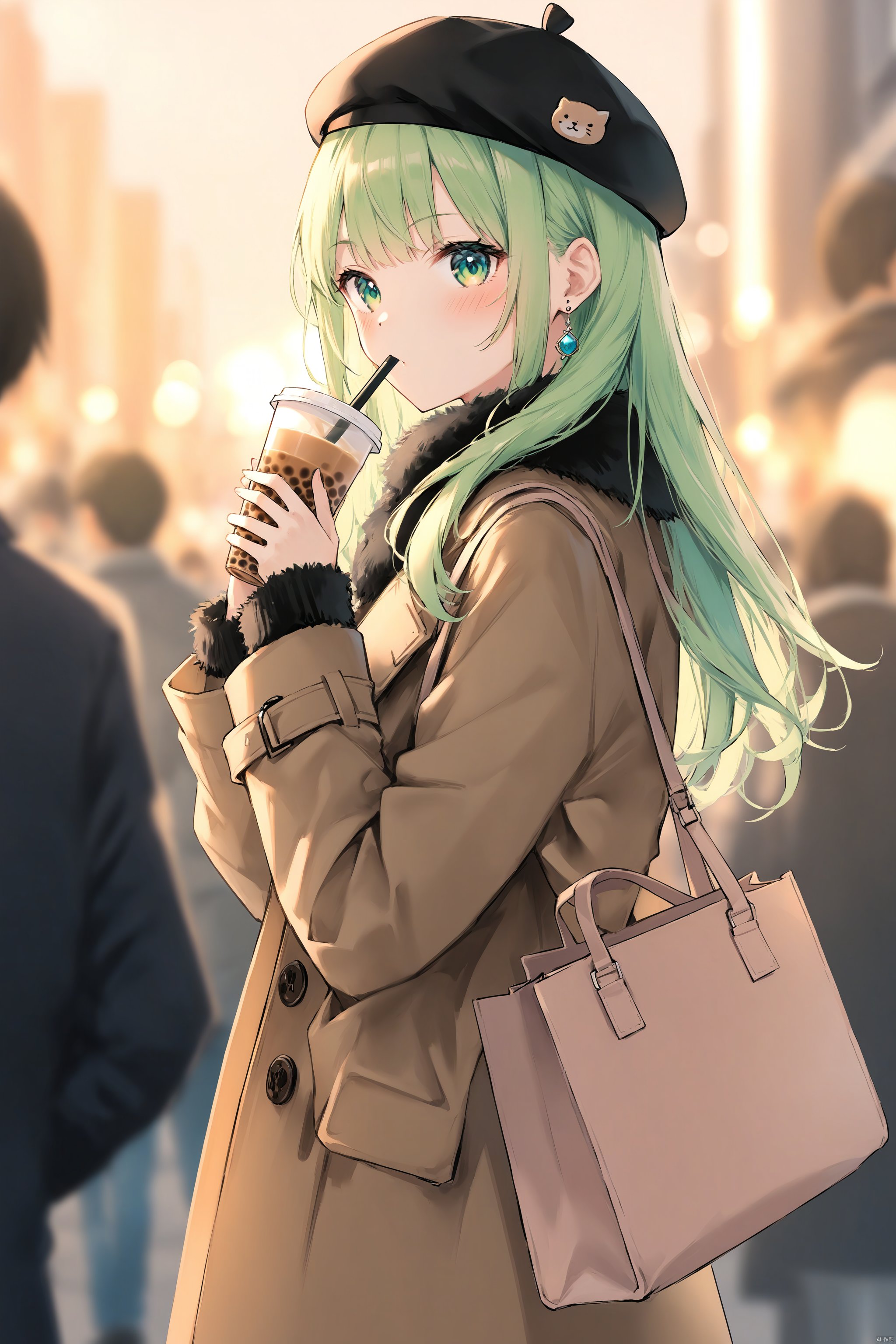 1girl, bag, beret, black_headwear, blurry, blurry_background, blurry_foreground, blush, bokeh, brown_coat, bubble_tea, casual, coat, coffee, coffee_cup, cup, depth_of_field, disposable_cup, drinking_straw, earrings, eyebrows_visible_through_hair, focused, fur-trimmed_coat, fur-trimmed_jacket, fur-trimmed_sleeves, fur_collar, fur_trim, green_hair, hair_ornament, handbag, hat, holding, holding_cup, jewelry, long_hair, long_sleeves, looking_at_viewer, motion_blur, plaid, shoulder_bag, solo, virtual_youtuber