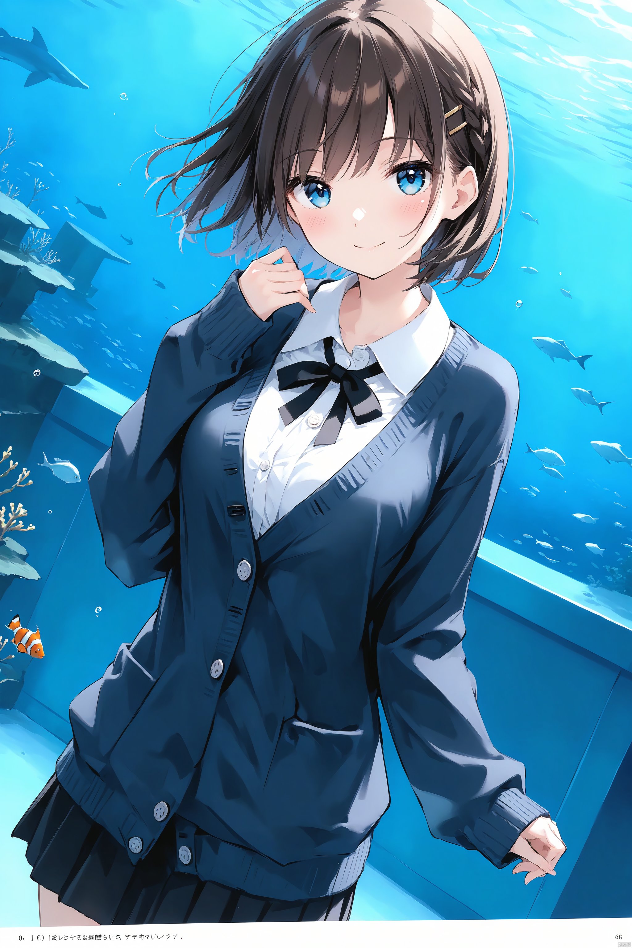 1girl, aquarium, skirt, solo, hair_ornament, looking_at_viewer, bangs, breasts, blush, smile, closed_mouth, shirt, long_sleeves, medium_breasts, blue_cardigan, dutch_angle, buttons, black_hair, blue_eyes, page_number, brown_hair, fish, water, cardigan, short_hair, shiny_hair, ribbon, shiny, open_clothes, braid, multicolored_hair, sleeves_past_wrists, hairclip, jacket, frills, hair_ribbon, white_shirt,