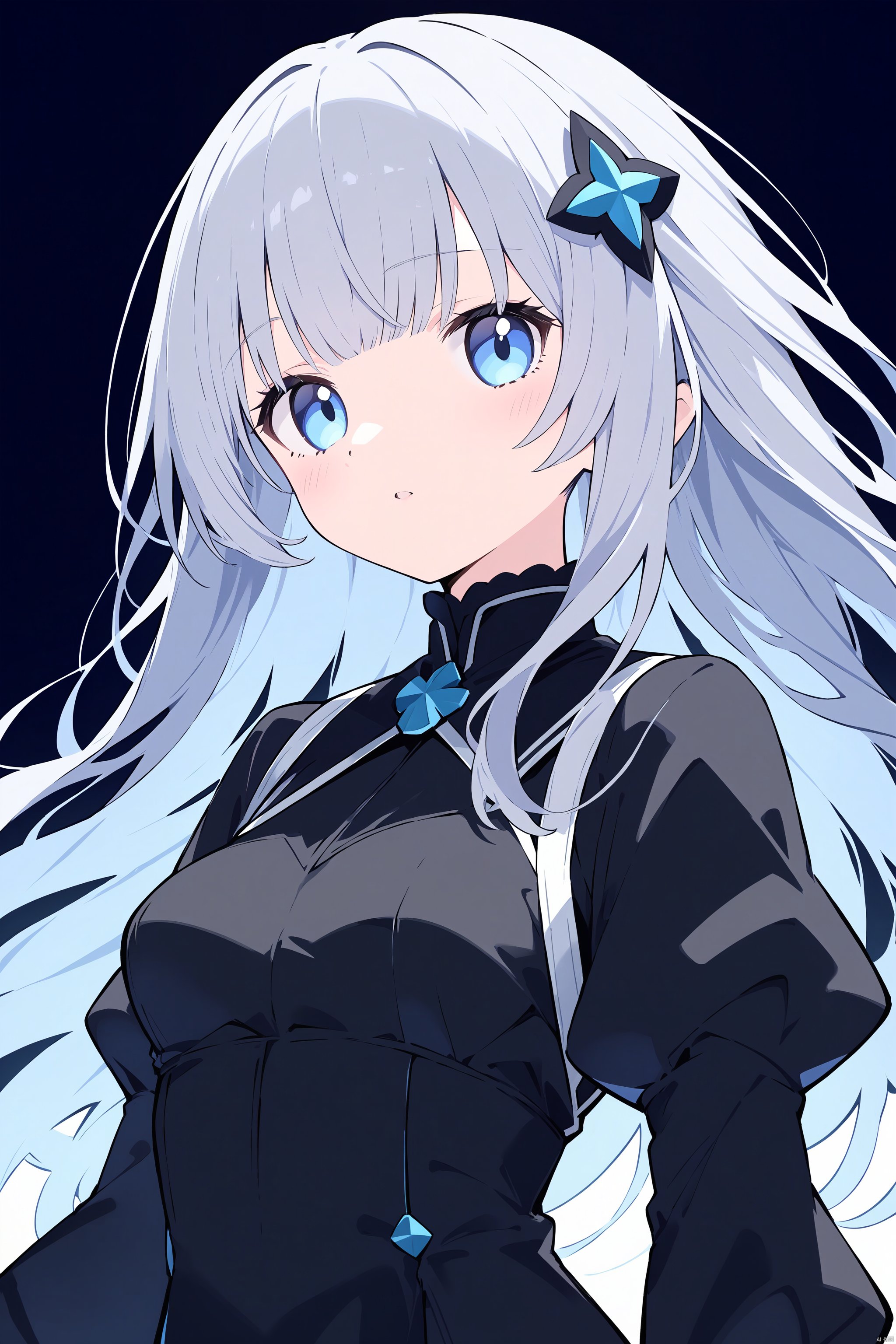 1girl, bangs, black_dress, blue_eyes, breasts, dress, grey_hair, hair_ornament, juliet_sleeves, long_hair, long_sleeves, looking_at_viewer, medium_breasts, parted_lips, puffy_short_sleeves, puffy_sleeves, simple_background, solo, upper_body, white_background