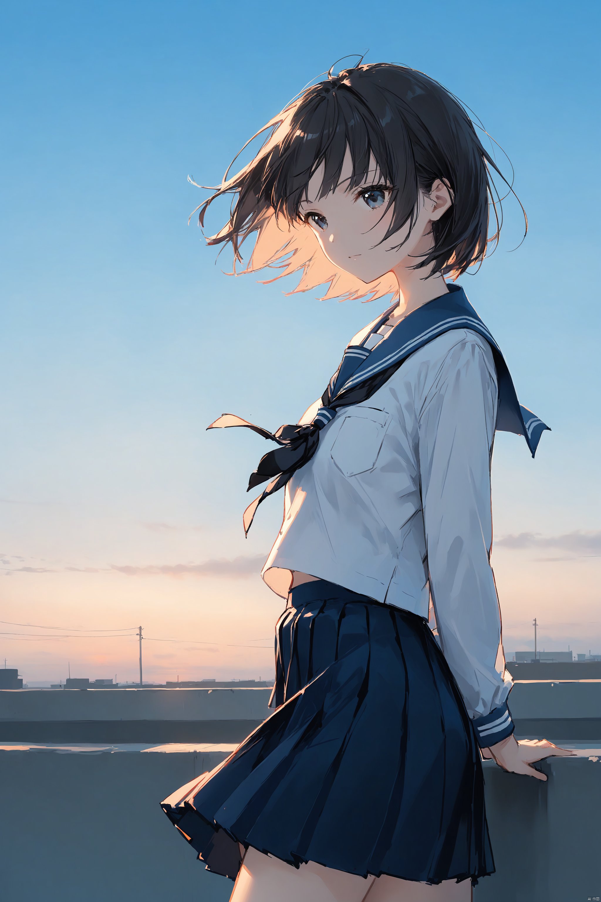 1girl, bangs, black_hair, blue_sailor_collar, blue_skirt, long_sleeves, outdoors, pleated_skirt, sailor_collar, school_uniform, serafuku, shirt, short_hair, skirt, sky, solo, white_shirt