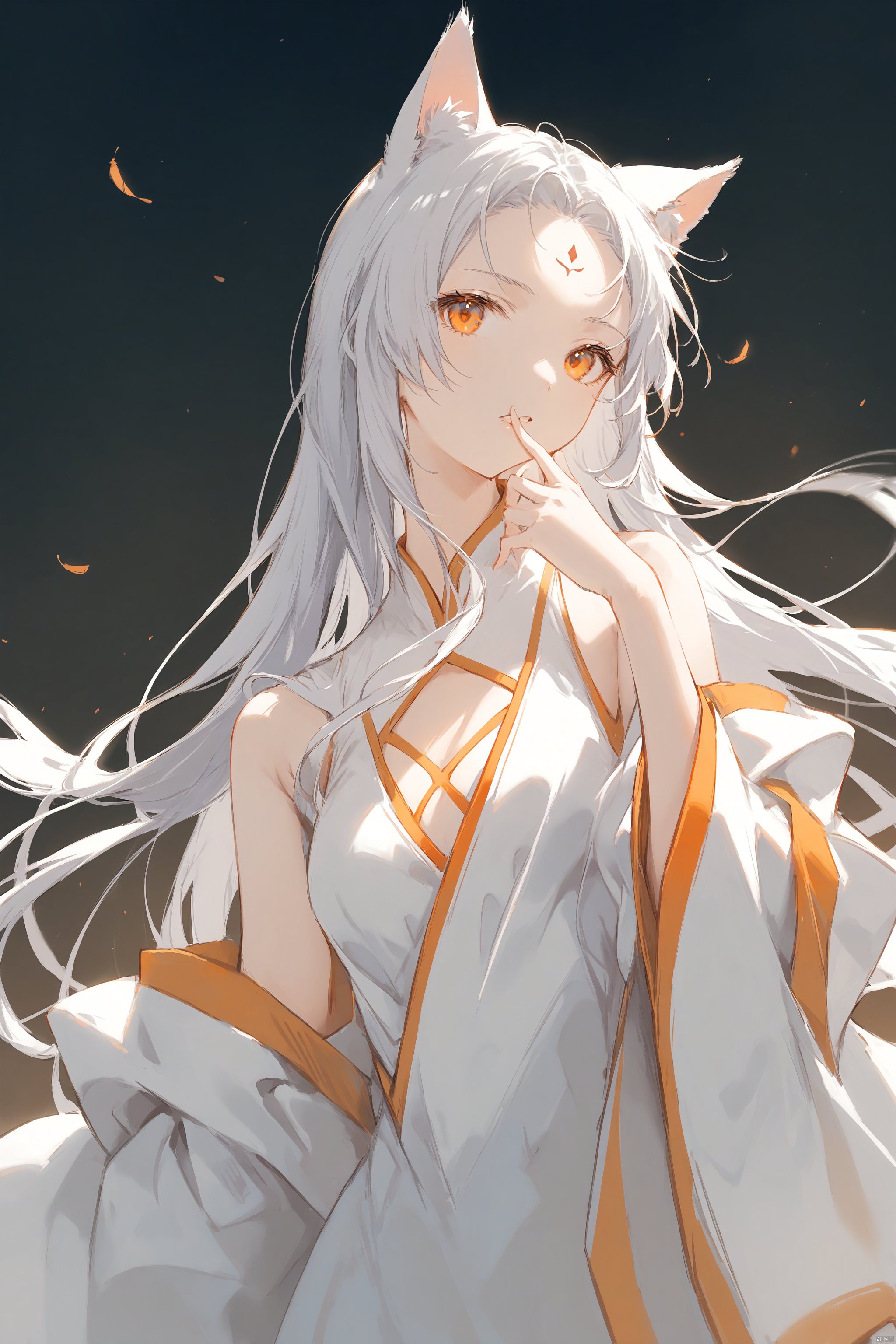 1girl, solo, orange eyes, looking at viewer, dress, white dress, grey hair, forehead mark, feather hair, bare shoulders, upper body, long hair, shawl, finger to mouth, parted lips, hagoromo, sleeveless, sleeveless dress, bangs, white hair, animal ears, hand up, long sleeves